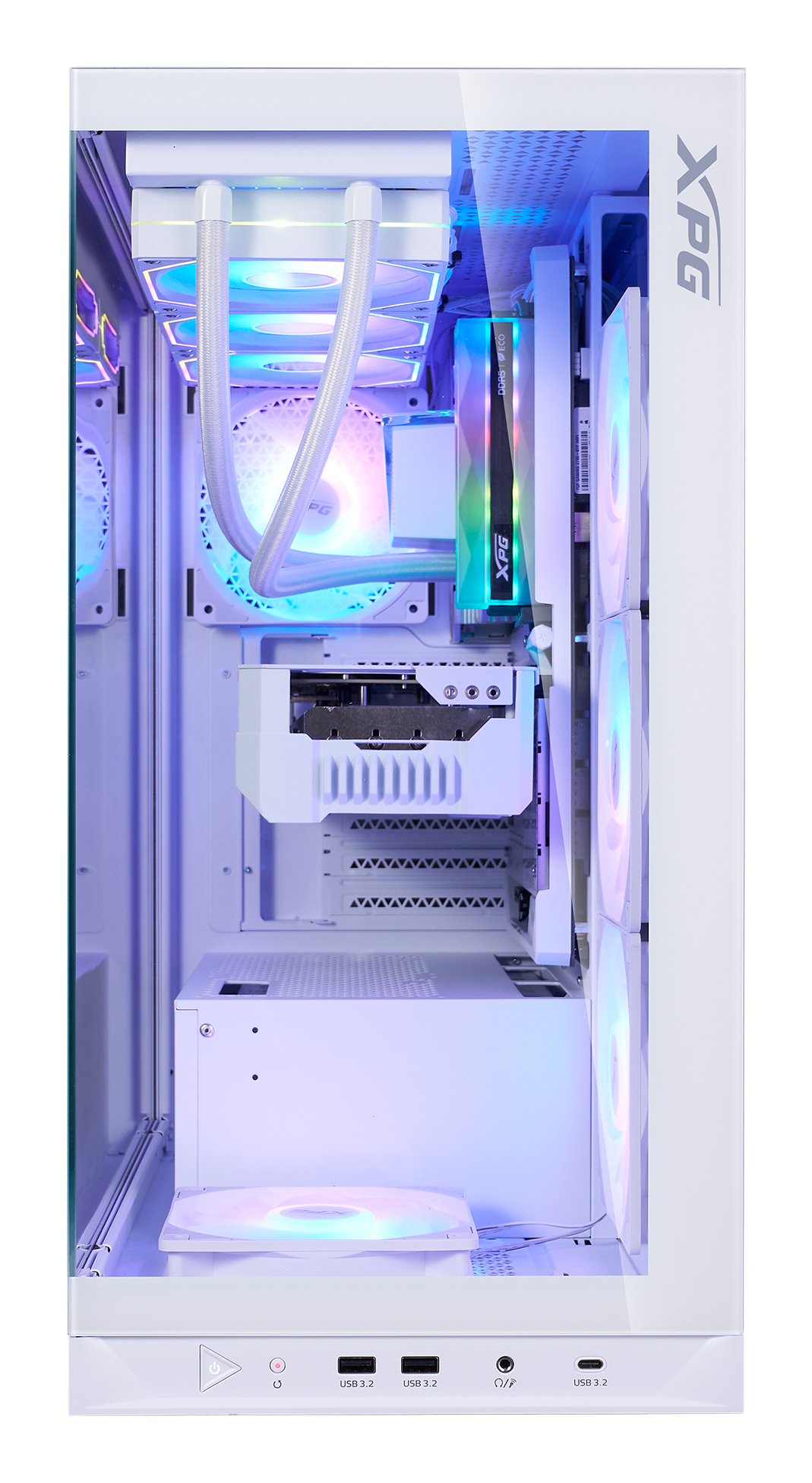 Intérieur du boîtier d'ordinateur blanc, avec composants. GPU, refroidisseur de CPU et ventilateurs avec éclairage RVB.