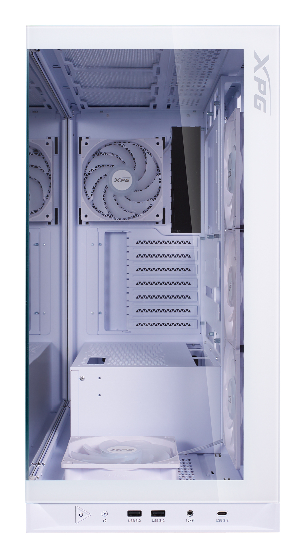 Boîtier PC blanc avec côté en verre, montrant ventilateurs et composants.