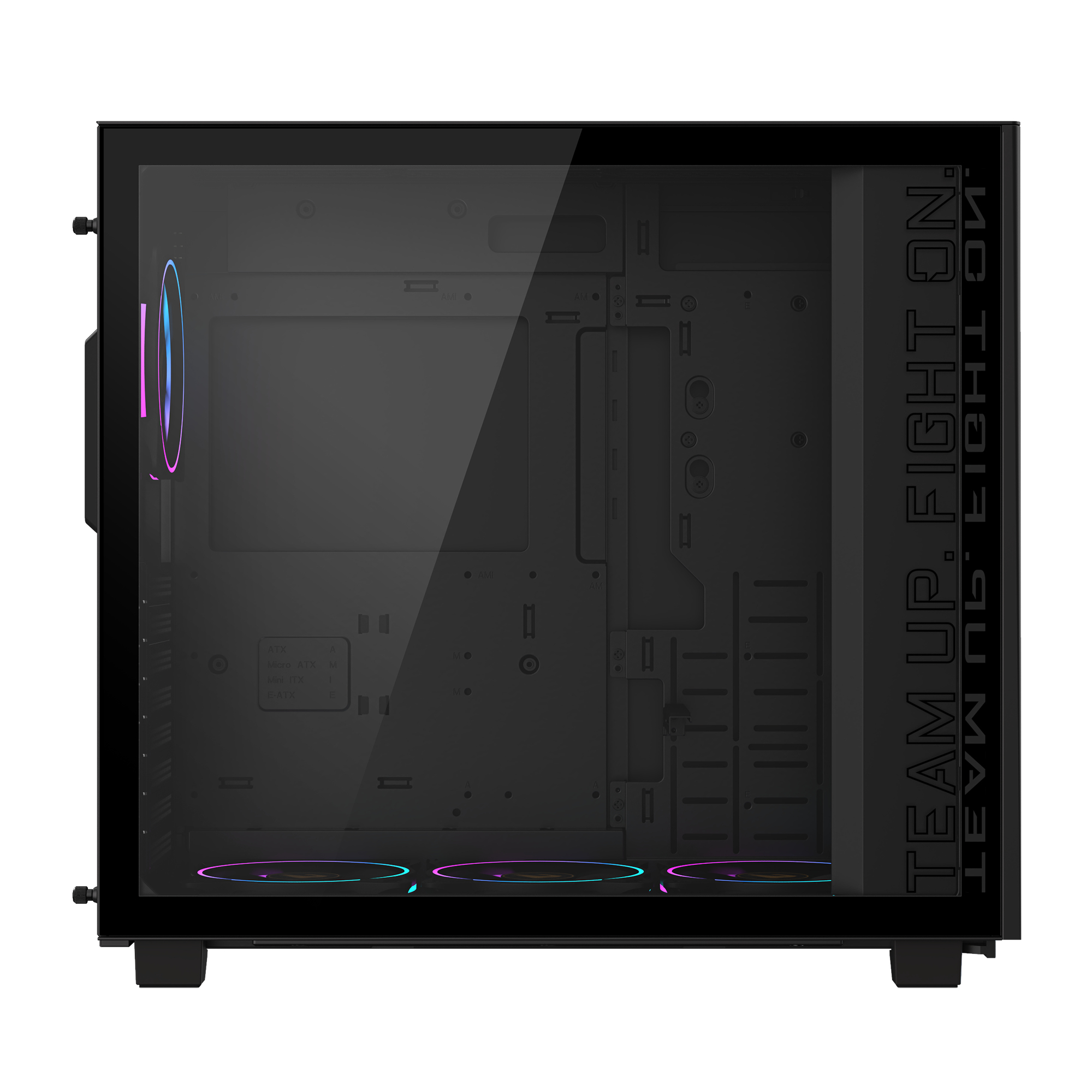 Case per computer nero con lato in vetro, con ventole e il testo "TEAM UP. FIGHT ON".