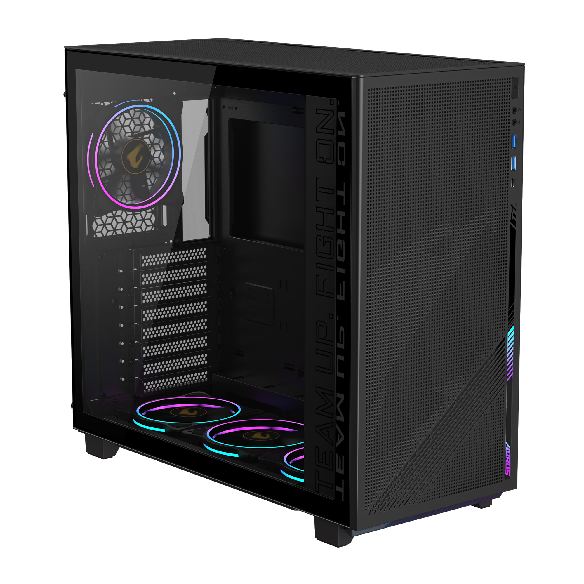 Case per computer nero con lato in vetro. Ventole RGB e testo. Team up, fight on, Aorus.