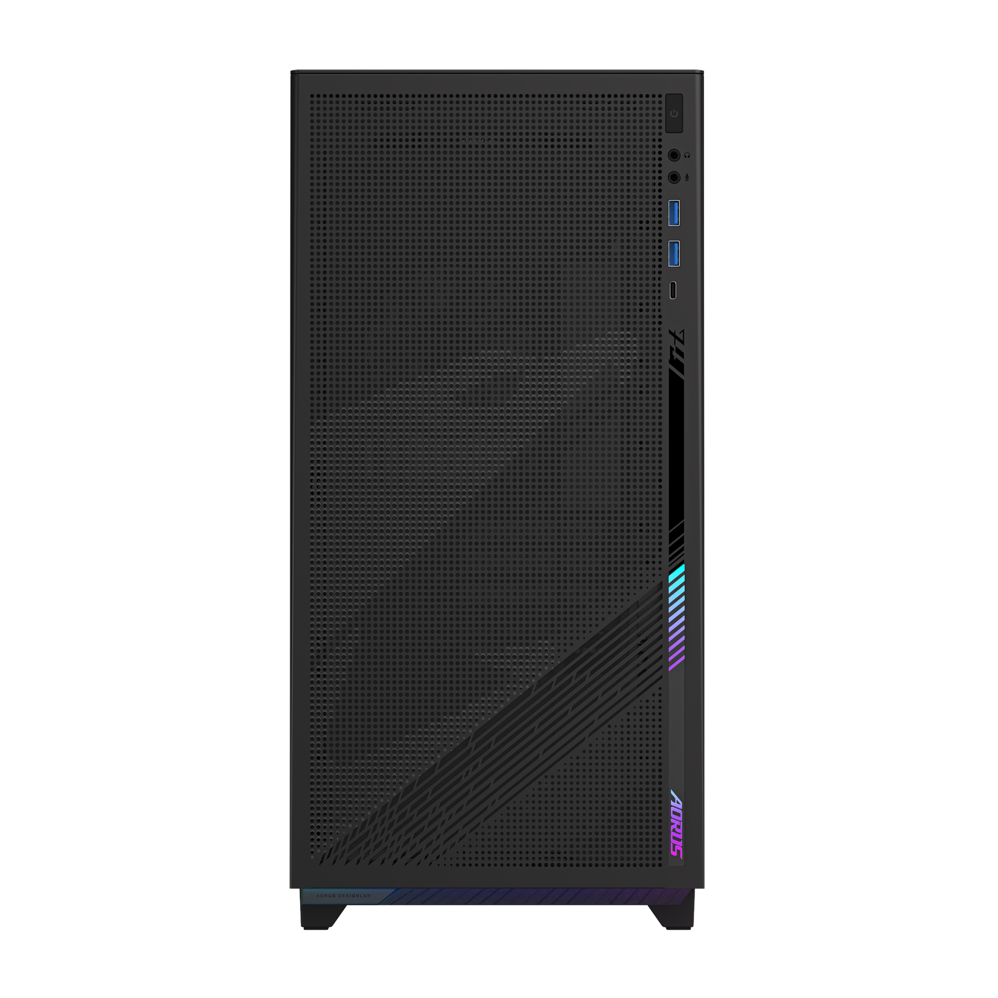 Case PC nero con pannello frontale, porte e marchio AORUS. Ha un design a rete.