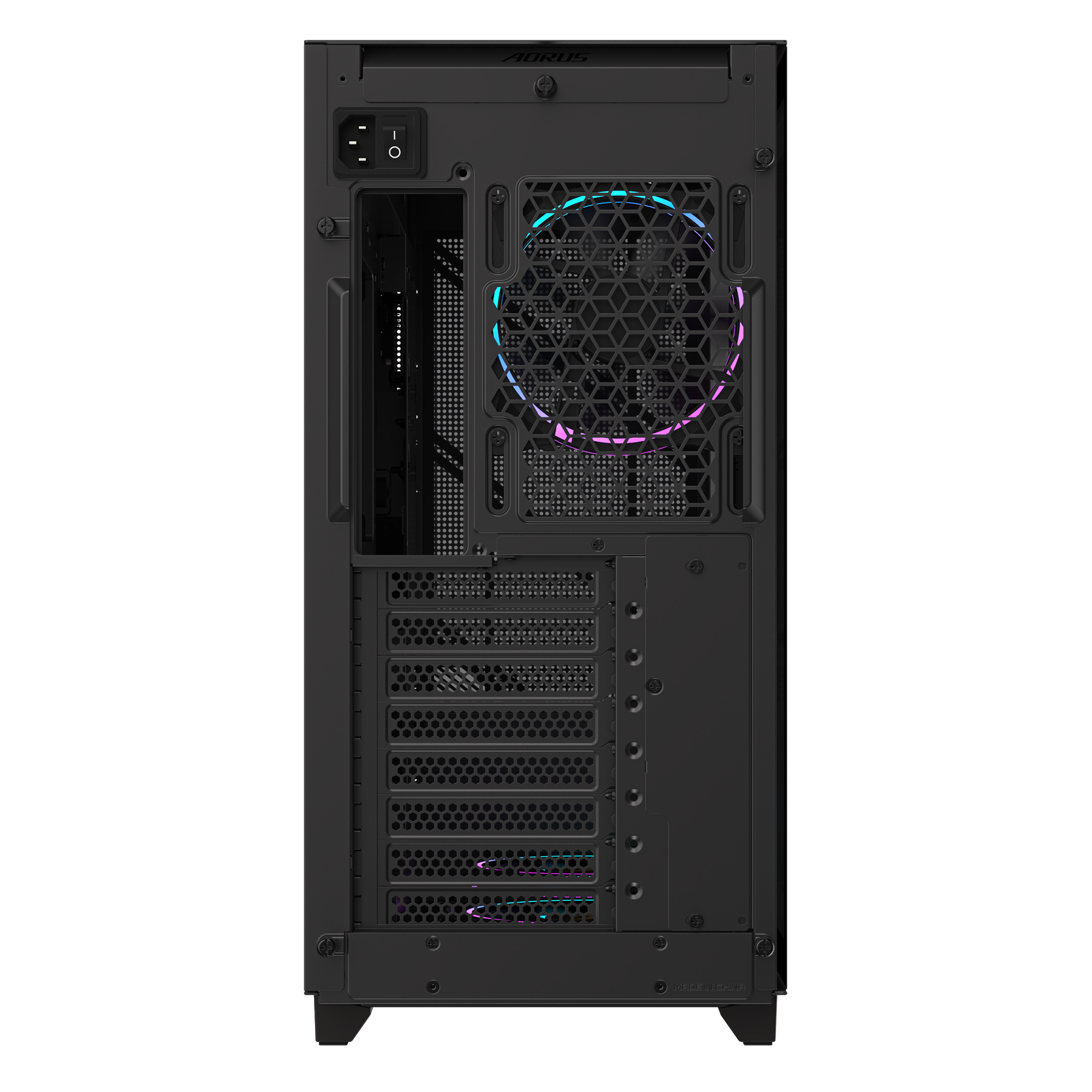 Interno di un case per PC nero con una ventola e luci colorate.