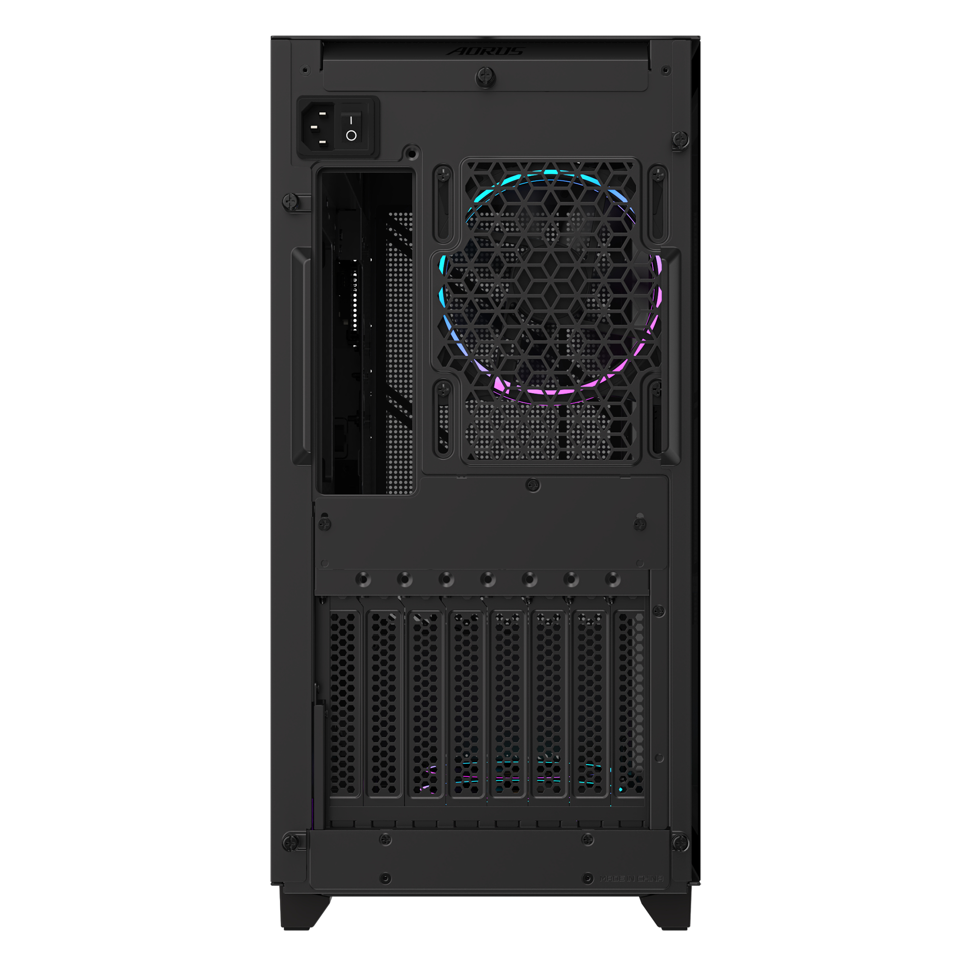 Vista posteriore del case PC nero. Presenta una ventola, slot alimentatore e varie porte. Logo Aorus visibile.