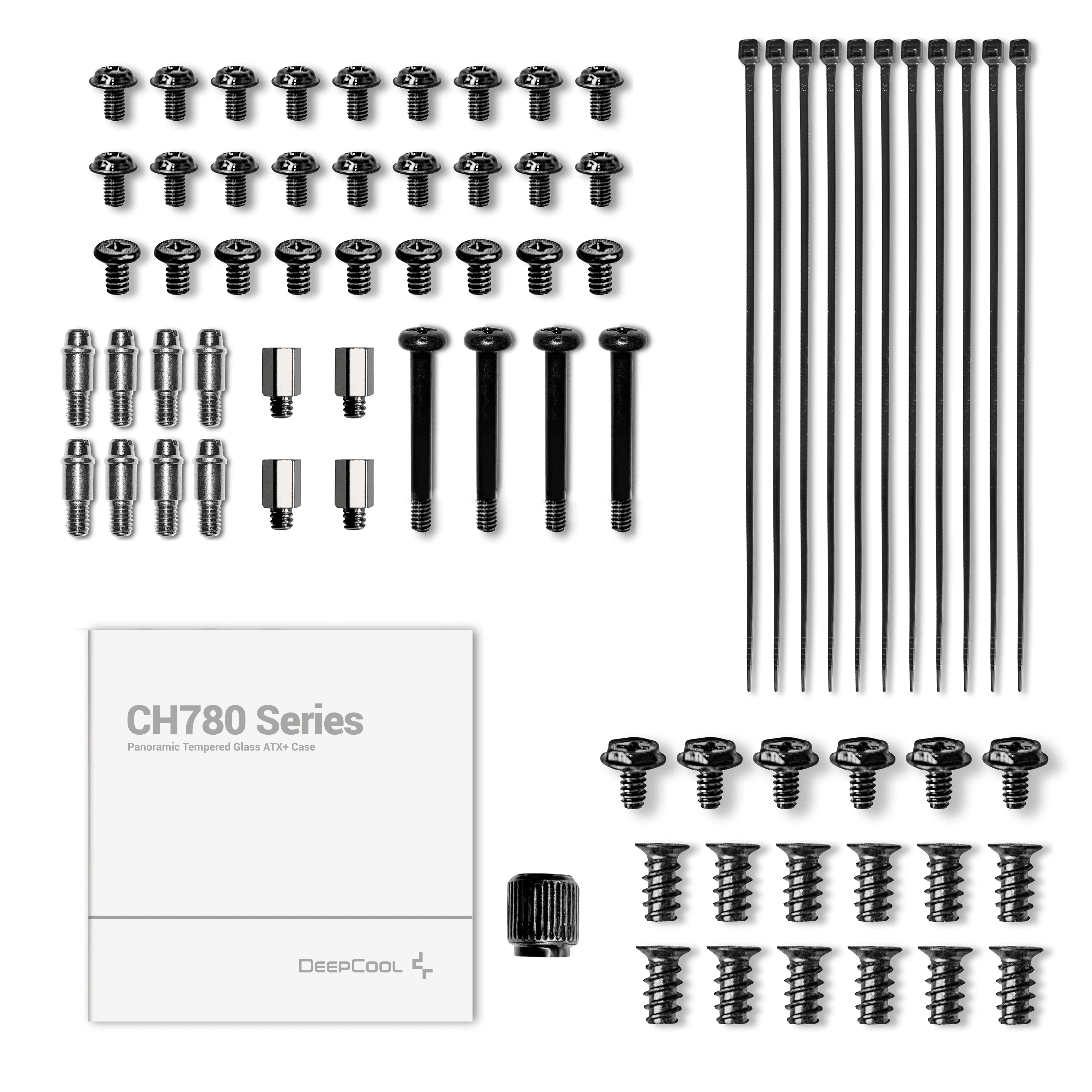 Zestaw śrub, dystansów, opasek zaciskowych i instrukcji do obudowy komputera.