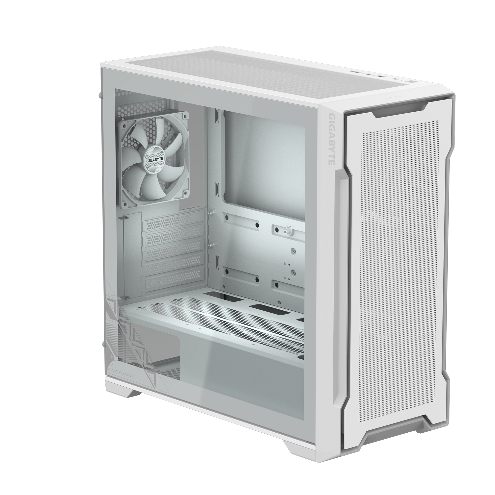 Case PC bianco con lato in vetro. Griglie anteriori e laterali, una ventola e il logo Gigabyte visibili.