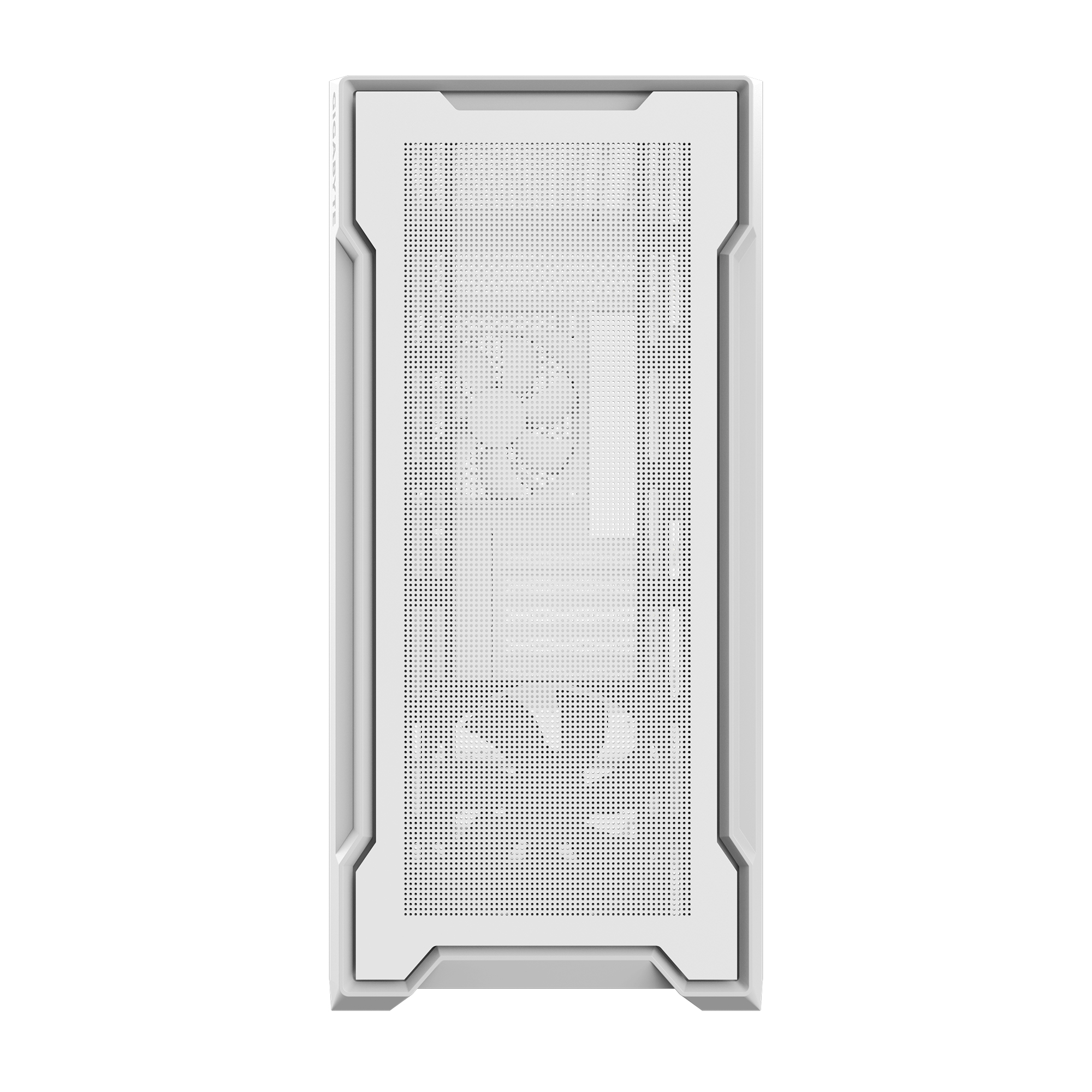 Fronte del case per computer bianco. Pannello frontale a rete con una ventola visibile all'interno.