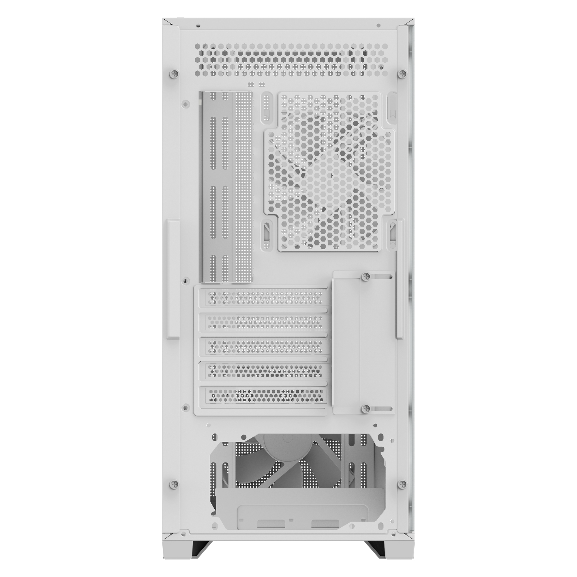 Un case per computer bianco, la vista posteriore. Ha un'area a rete e varie porte e fori di montaggio.
