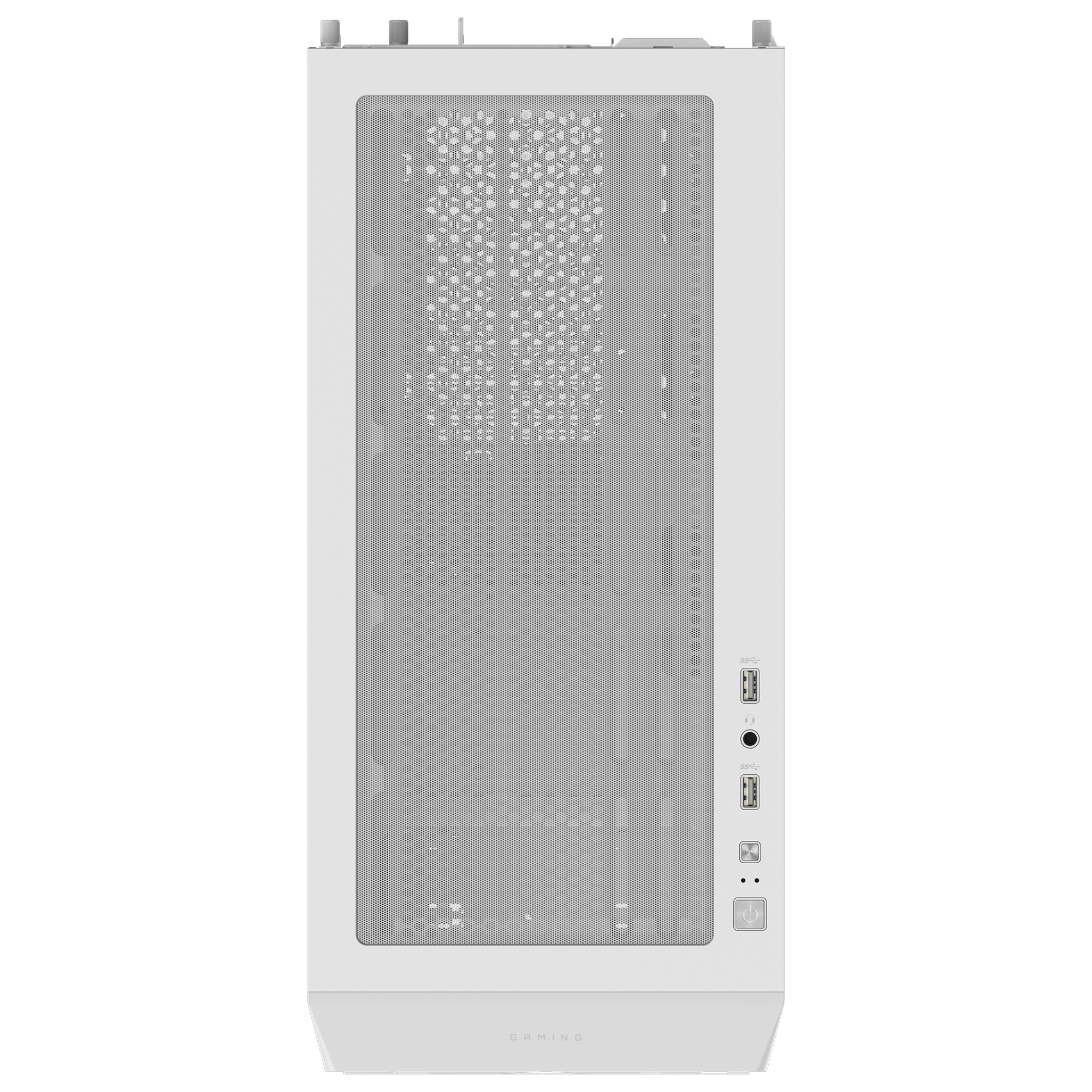 Vista dall'alto del case PC bianco. Ha un pannello frontale a rete, un pulsante di accensione e porte USB.