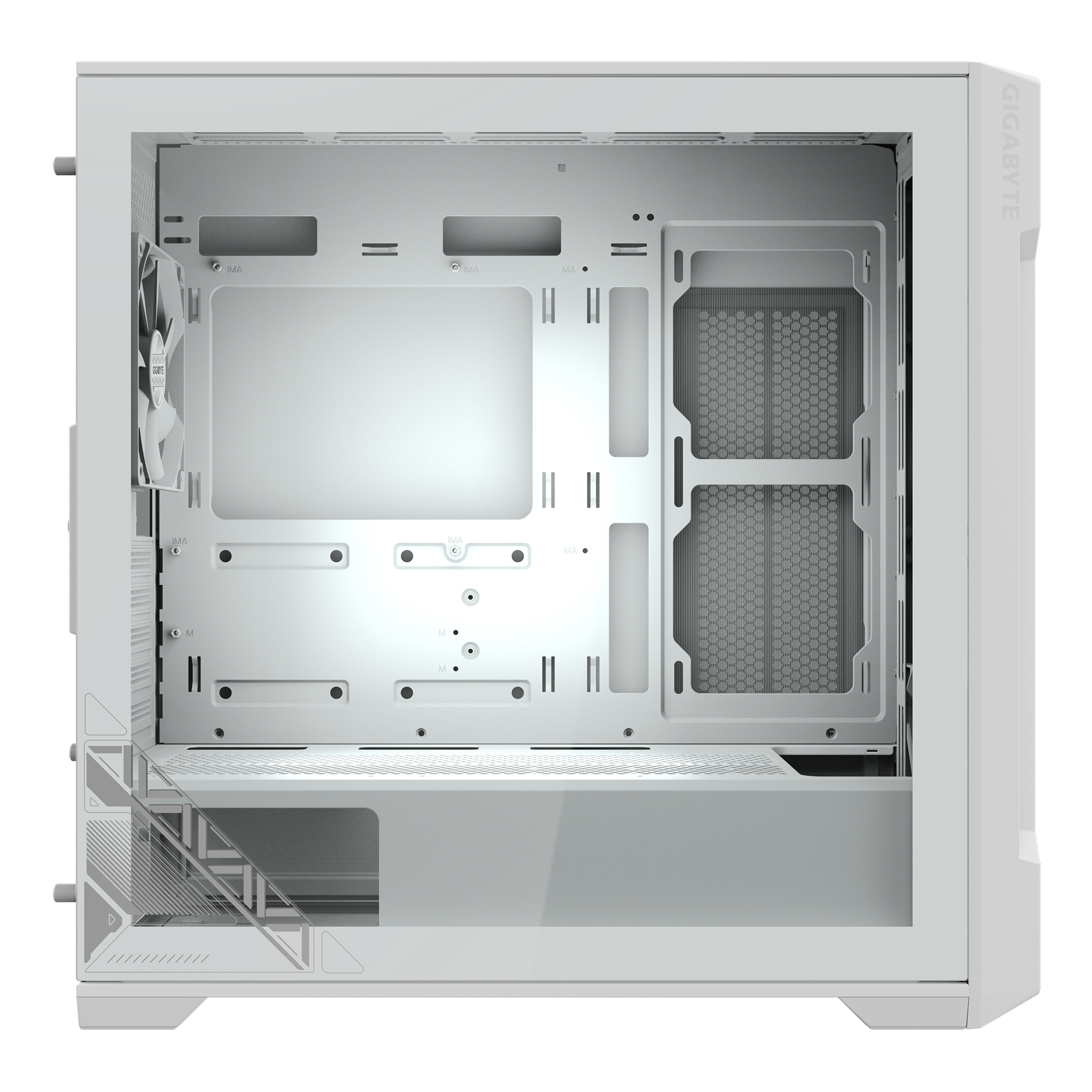 Interno di un case per PC bianco con spazio vuoto. Include supporti per ventole e gestione cavi.