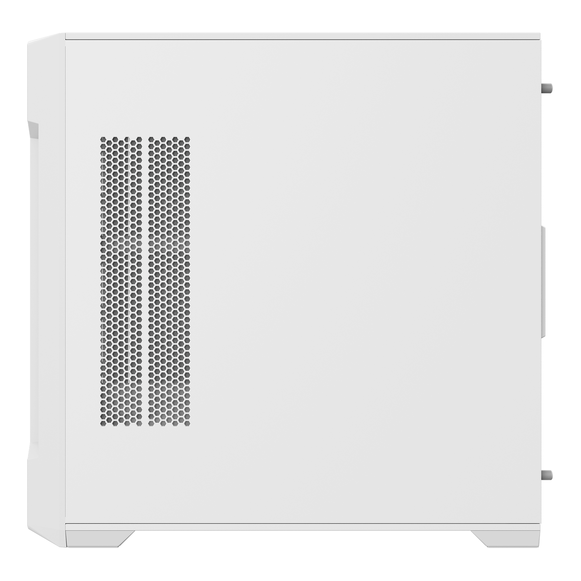 Vista laterale del case del PC bianco con ventola a rete, che mostra il design del pannello laterale.