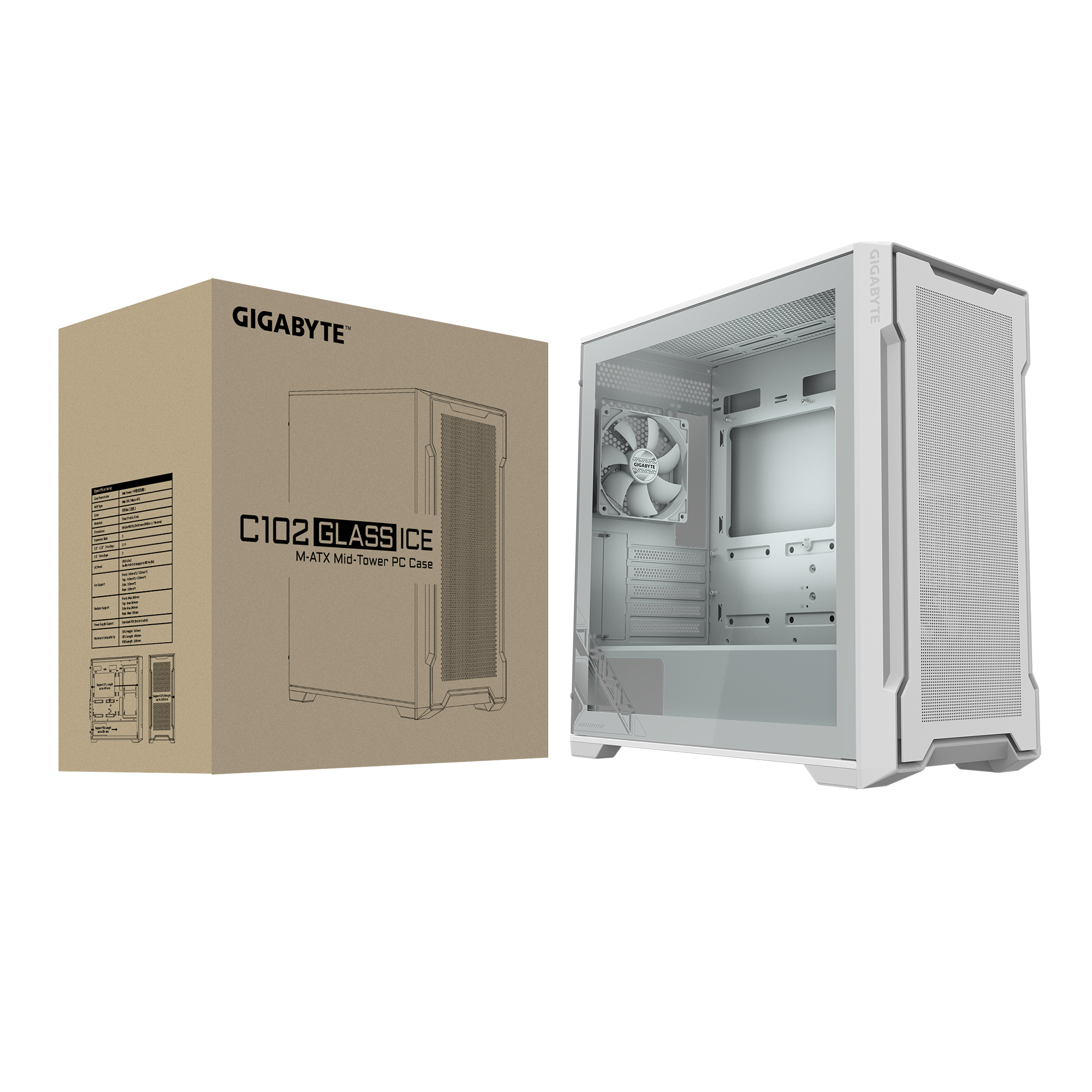 Una scatola di case PC Gigabyte e un case PC bianco con pannello in vetro e una ventola all'interno, vista laterale.