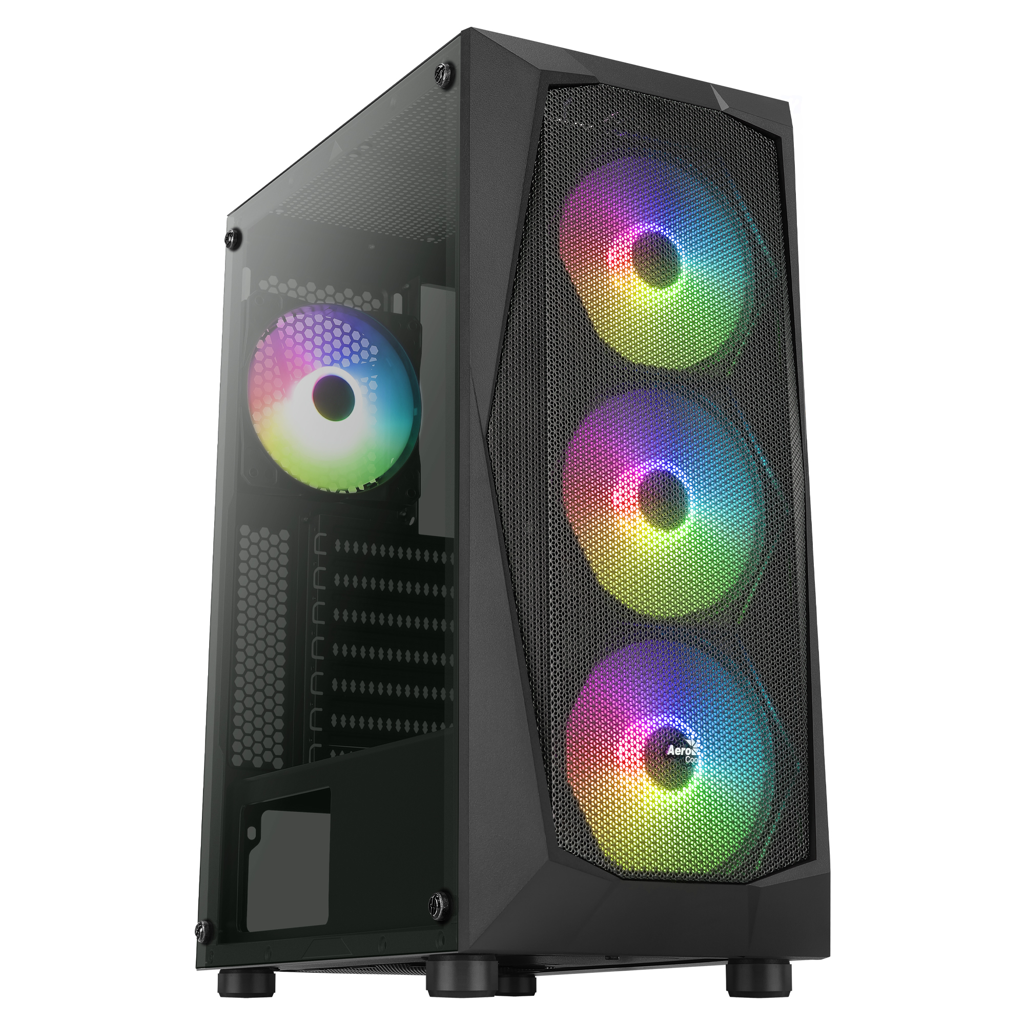 Zwarte pc-behuizing met drie RGB-ventilatoren achter een mesh voorkant. Glazen zijpaneel. Modern ontwerp.