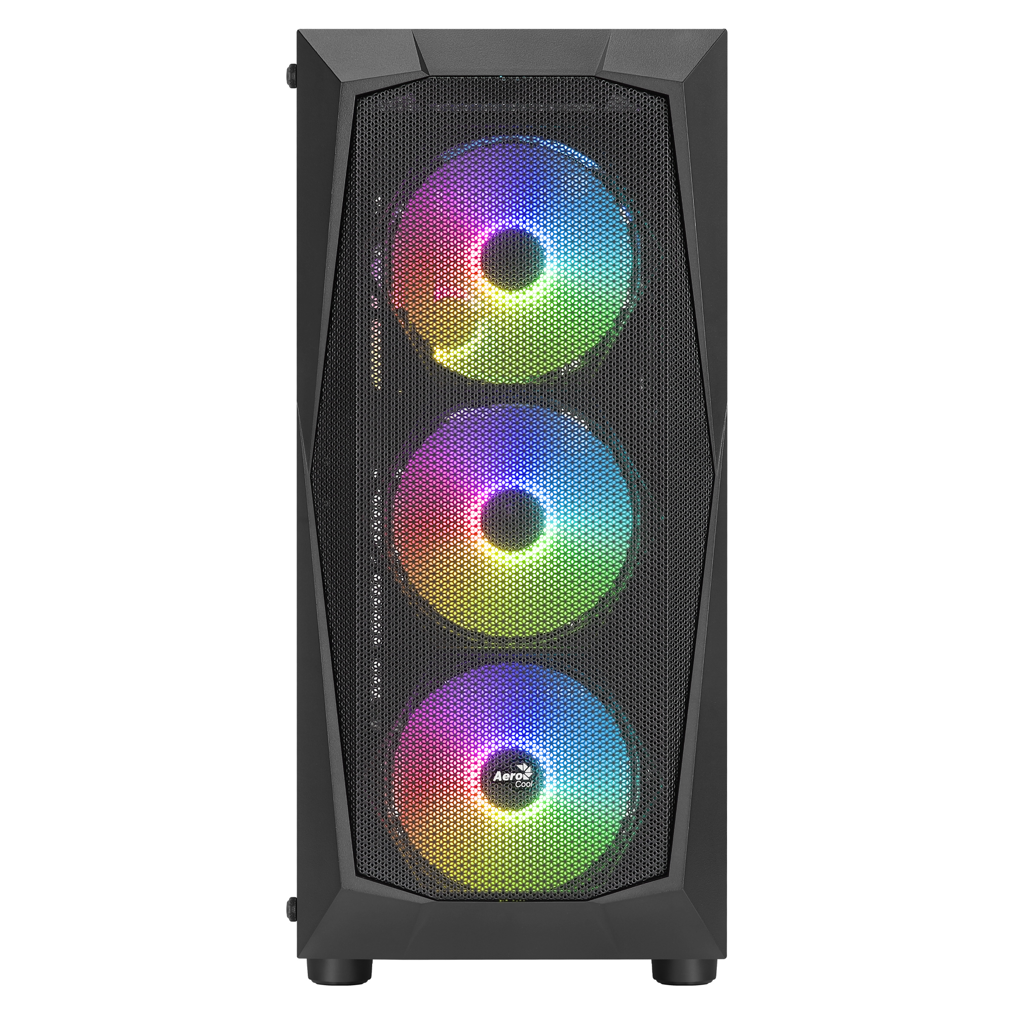 Zwarte computerkast voorkant. Mesh voorpaneel met drie RGB-ventilatoren die oplichten.