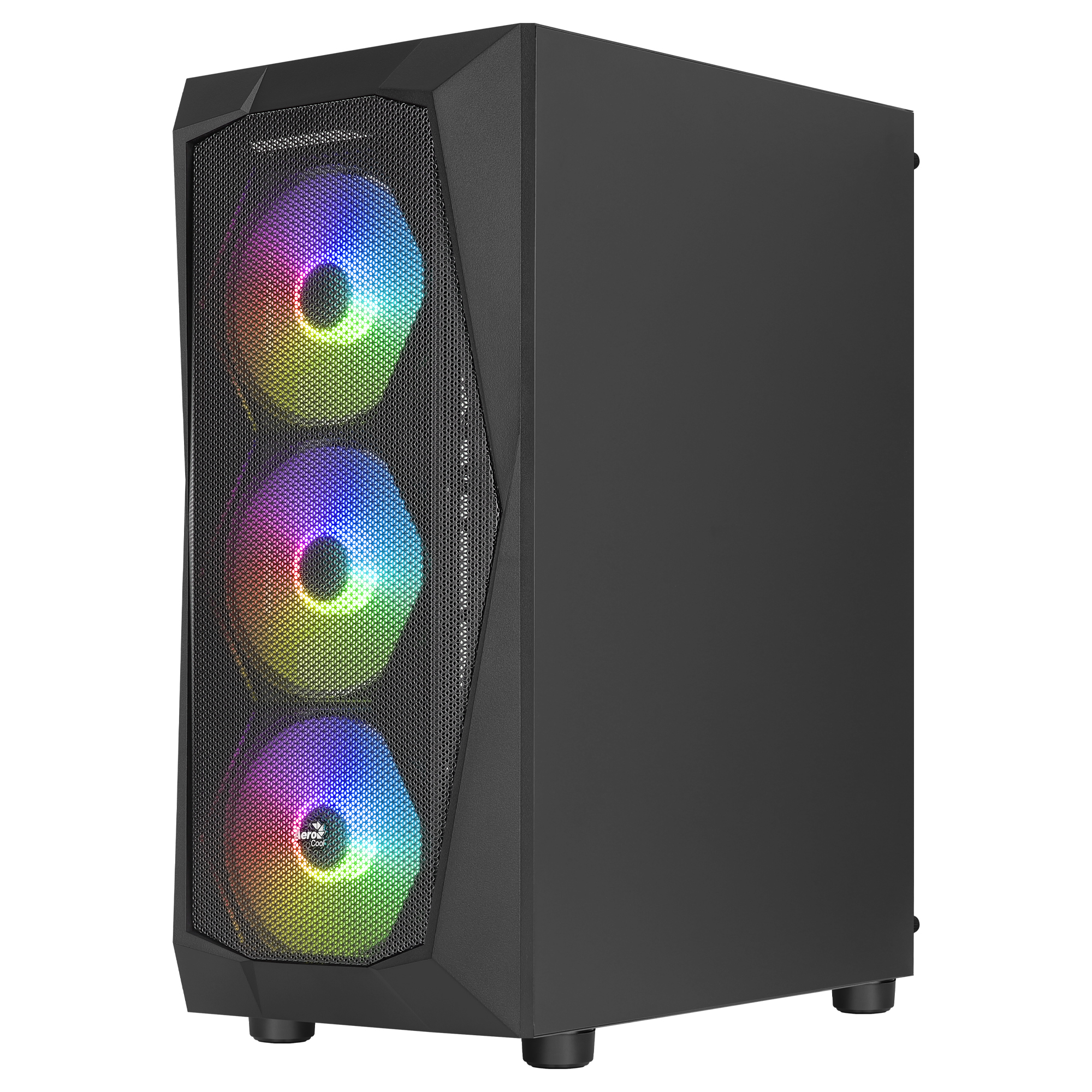 Zwarte computerkast met drie RGB-ventilatoren achter een mesh frontpaneel. De kast heeft een zwarte behuizing.