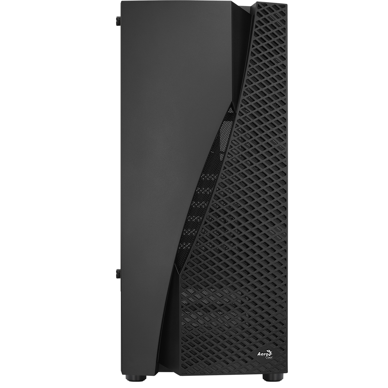 Case per computer nero. Vista frontale con design strutturato e pannello a rete.