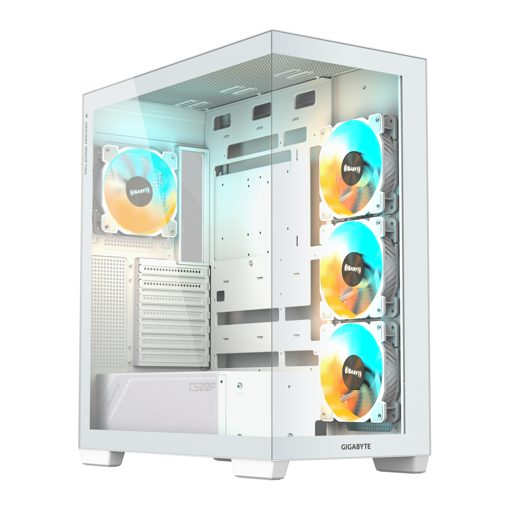 Case PC bianco con lato in vetro, mostra ventole con luci colorate e componenti.