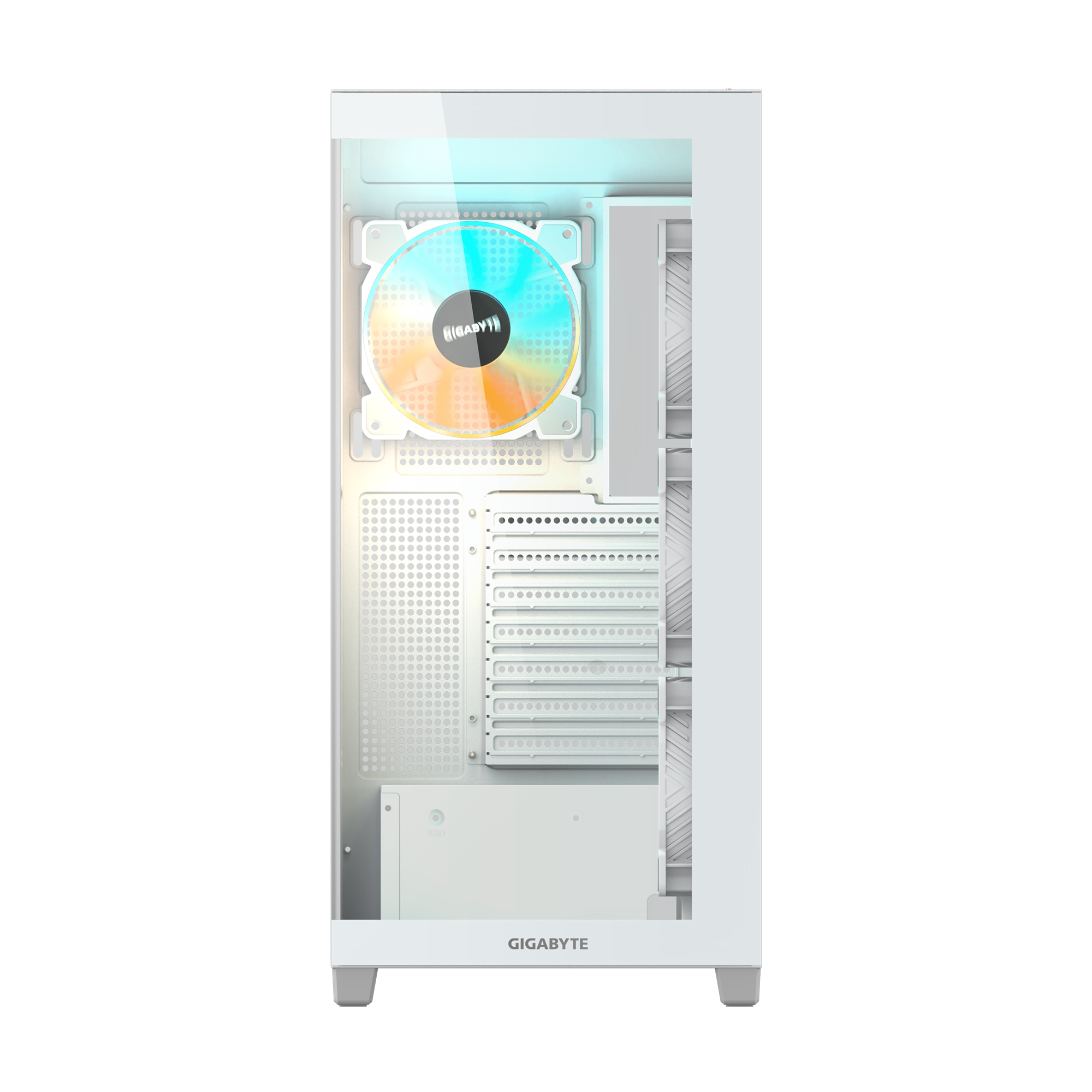 Interno del case del computer bianco. Ventola RGB, componenti e pannello laterale trasparente.