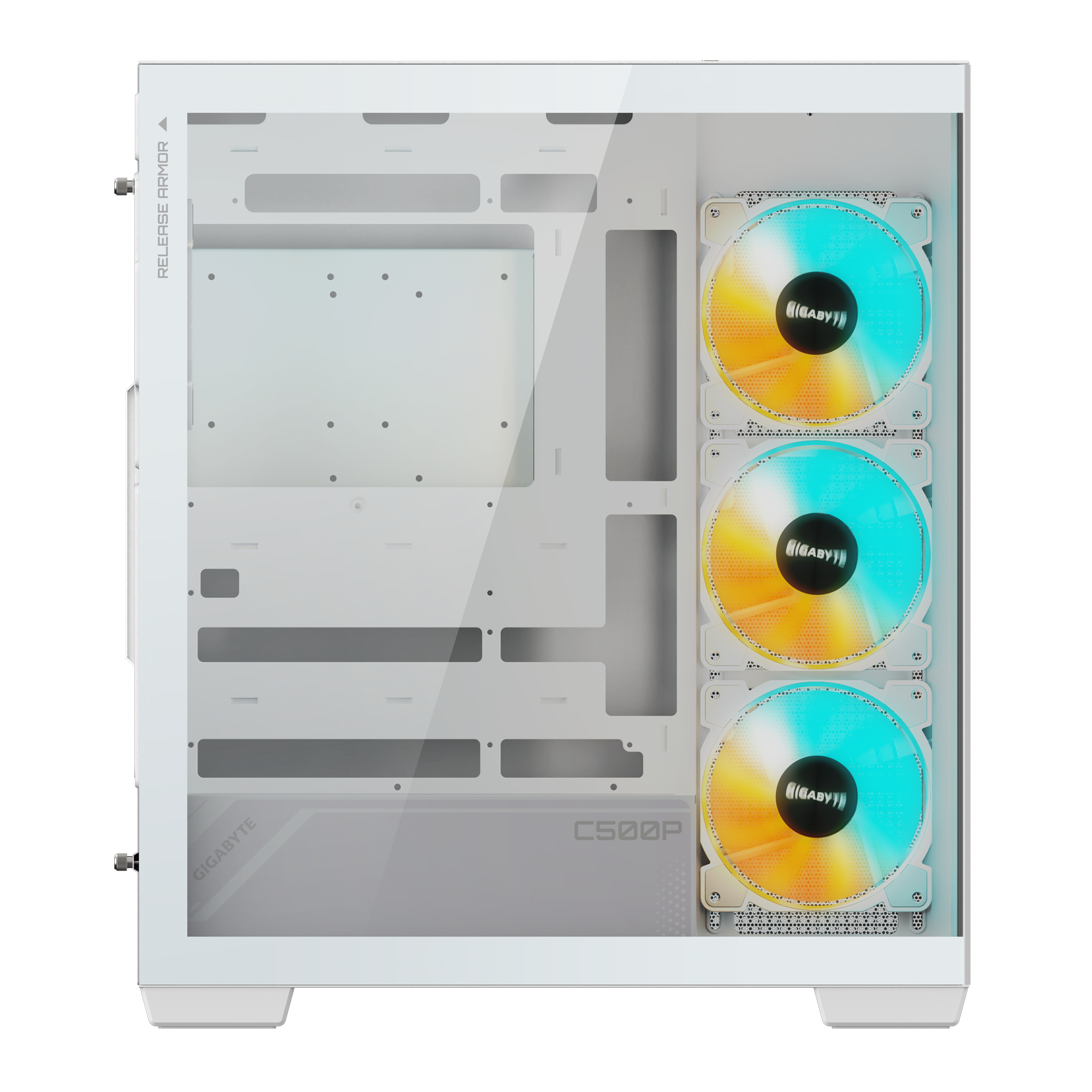 Case per computer bianco con pannello laterale in vetro e tre ventole RGB. Sul davanti è presente il marchio 'GIGABYTE'.