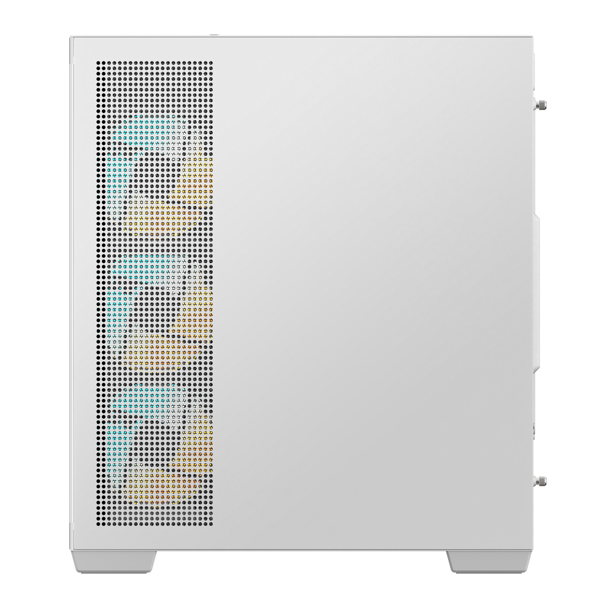 Un case per computer bianco, vista laterale. Parte frontale a rete con luci RGB visibili attraverso di essa.