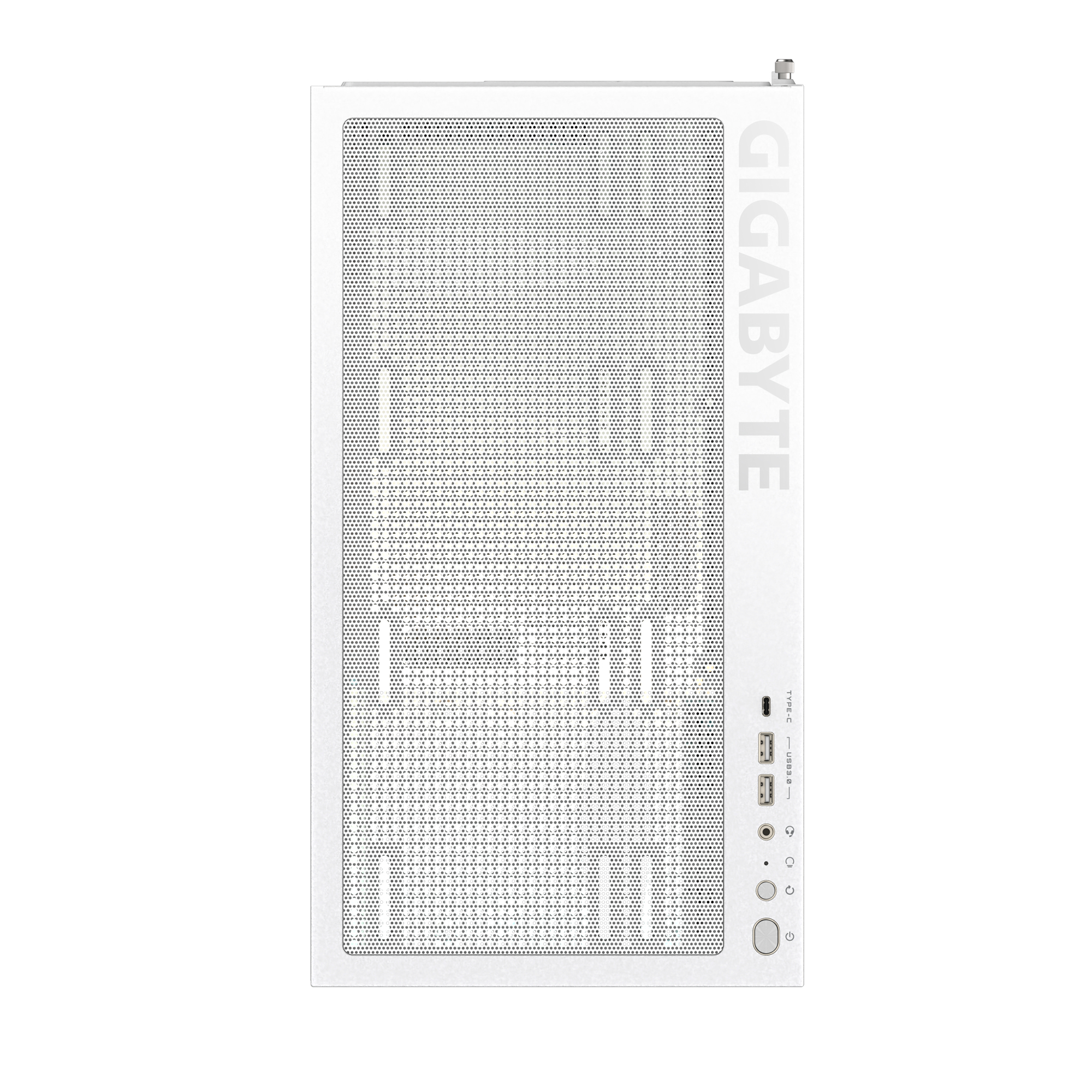 Pannello frontale di un case per PC bianco. Ha un design a rete, porte USB e pulsante di accensione.