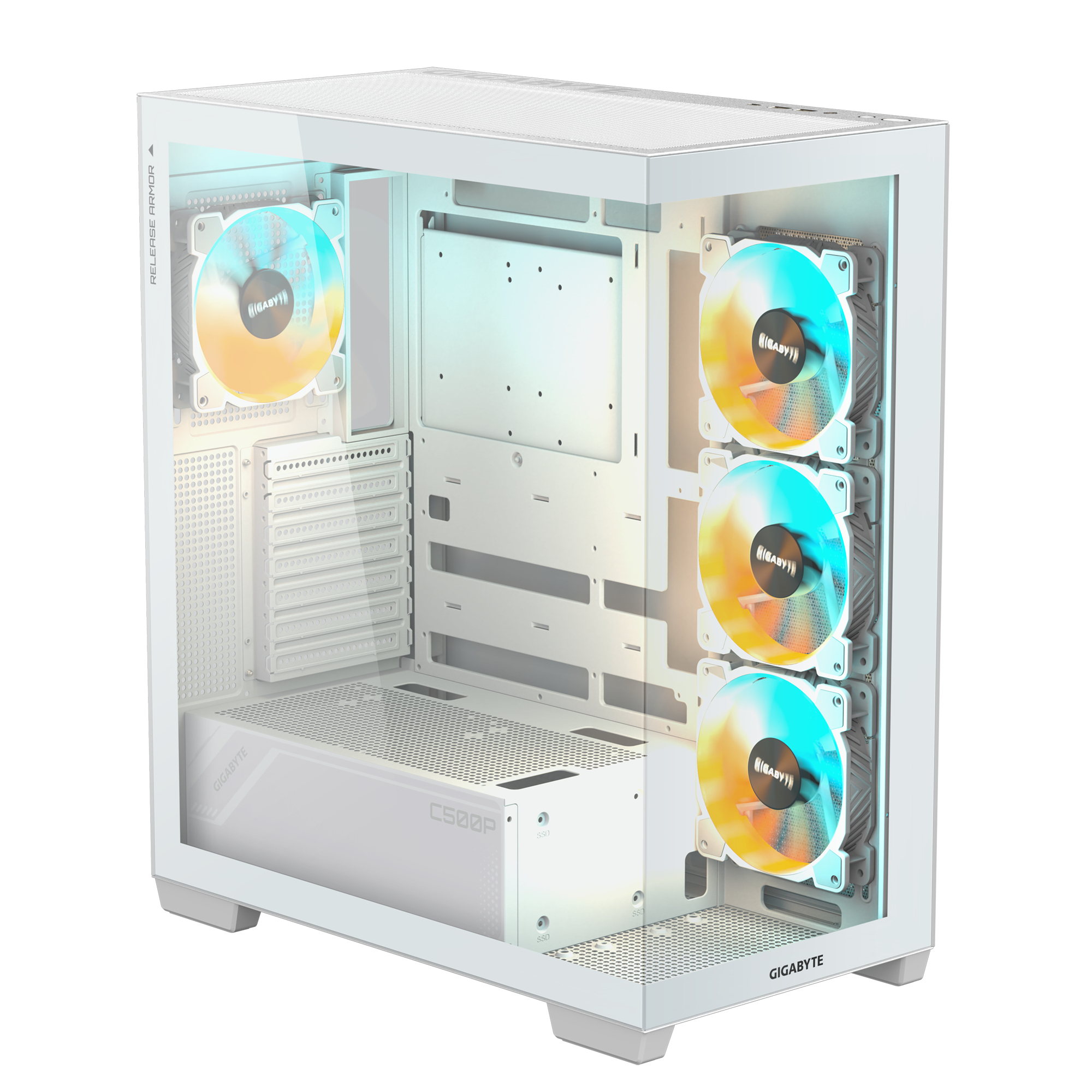 Case PC Gigabyte bianco con lato in vetro. Interno con ventole. Illuminazione RGB colorata.