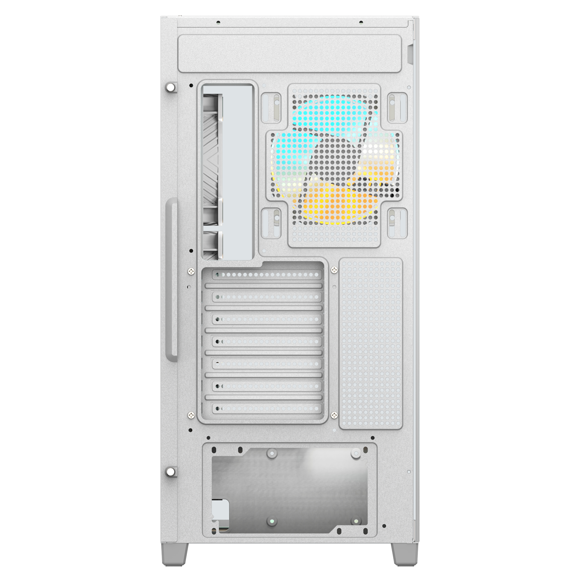 Case per PC bianco, vista posteriore. Ventole con luci colorate, area perforata e porte. Base e cornice grigie.