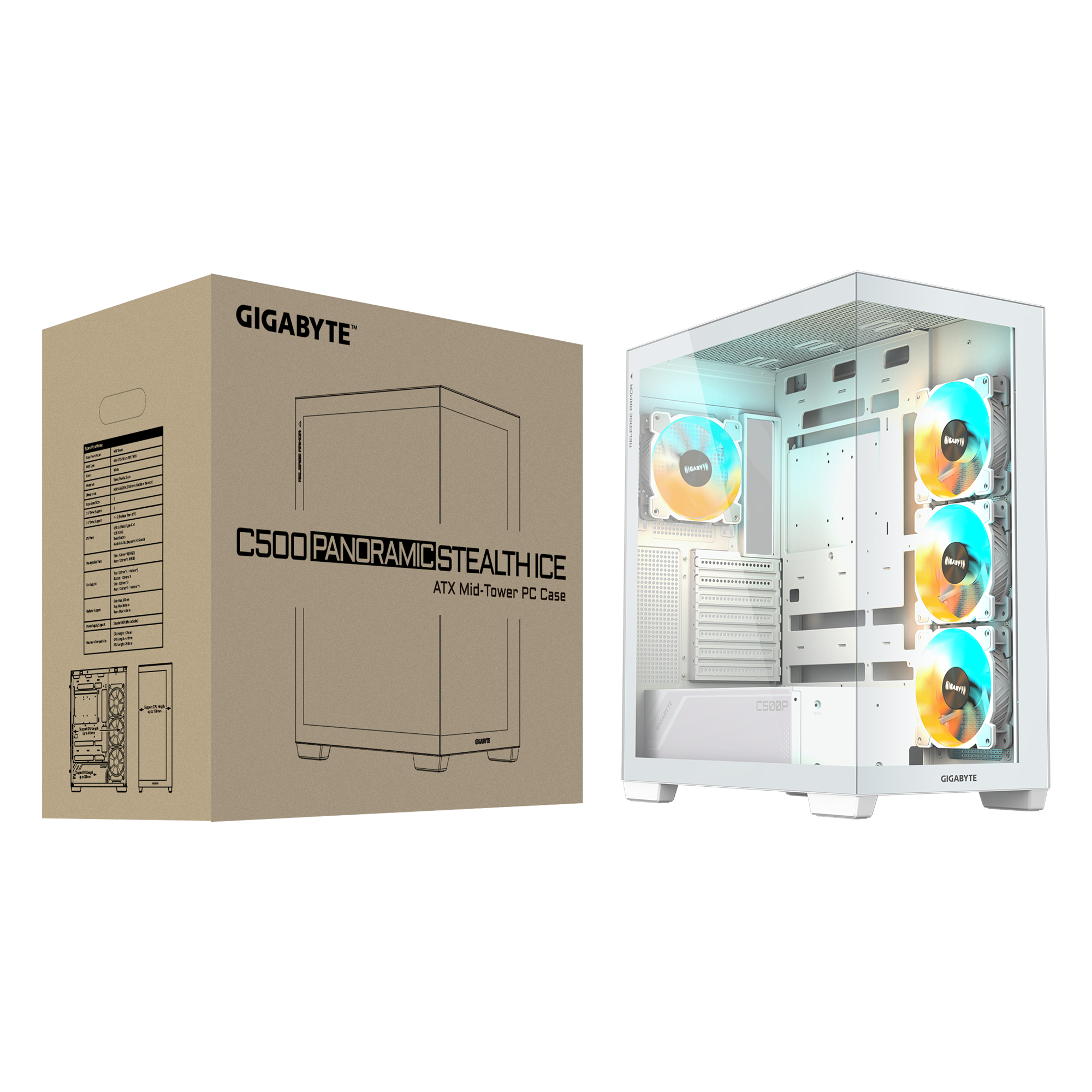 Un case per computer bianco con ventole RGB e una scatola accanto. La scatola è marrone con testo.