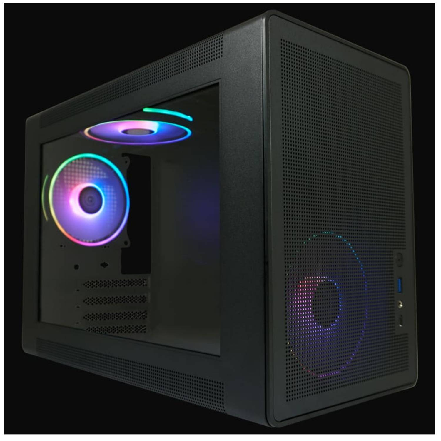 Case PC nero, aperto, che mostra ventole illuminate e componenti interni su sfondo scuro.