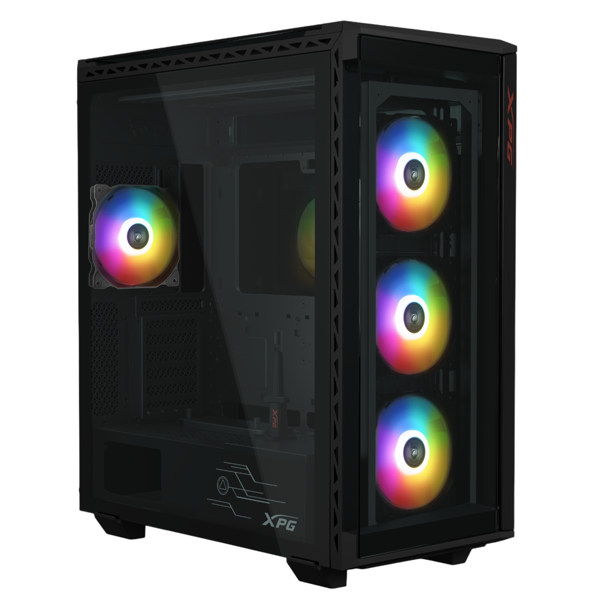 Case per computer nero con ventole RGB e lato trasparente. Logo XPG. Componenti interni visibili.