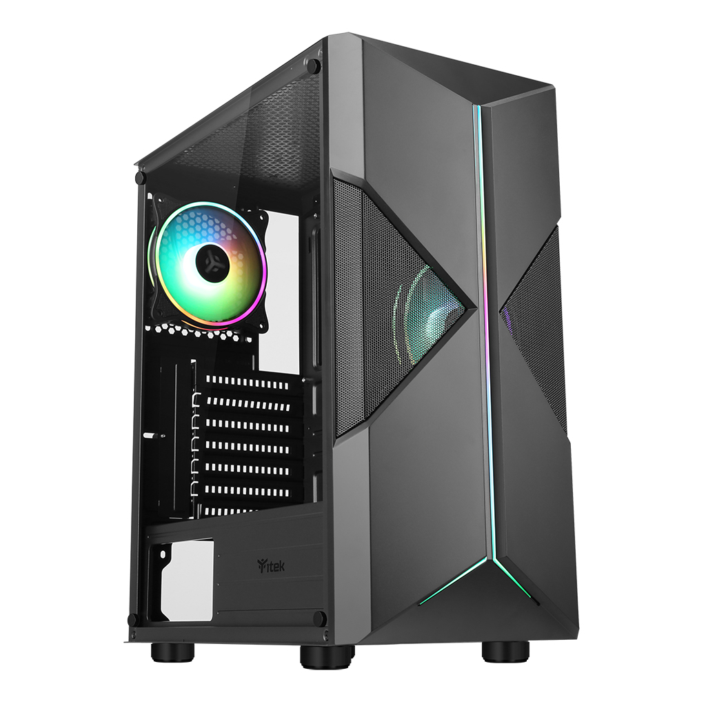 Case PC nero con un lato in vetro, ventola RGB e un esclusivo design frontale angolato. Estetica moderna.