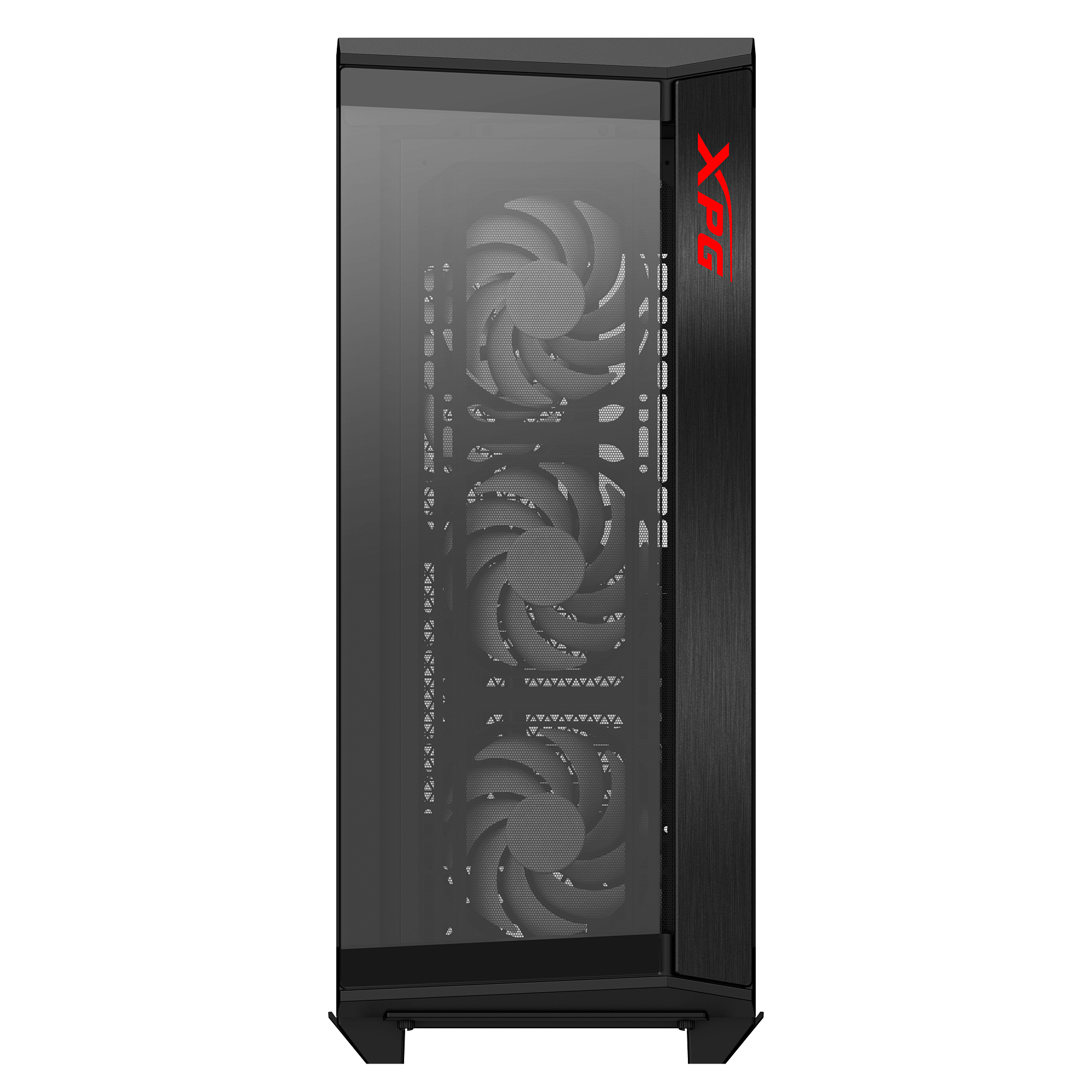 Case per computer nero con pannello laterale in vetro e tre ventole. Il marchio XPG è sul lato in rosso.