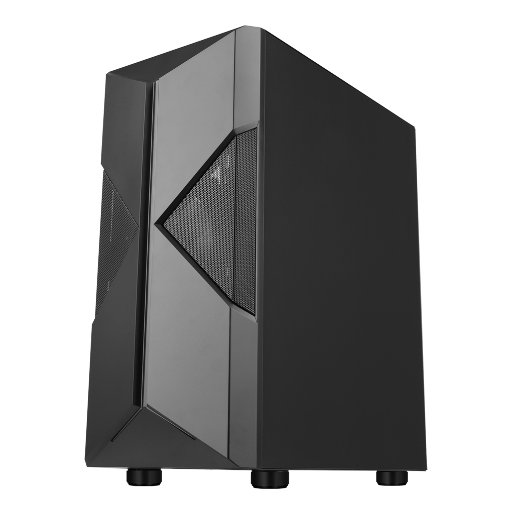 Case per PC nero, vista angolata. Frontale angolato con mesh. Pannello laterale nero solido. Tre piedini.