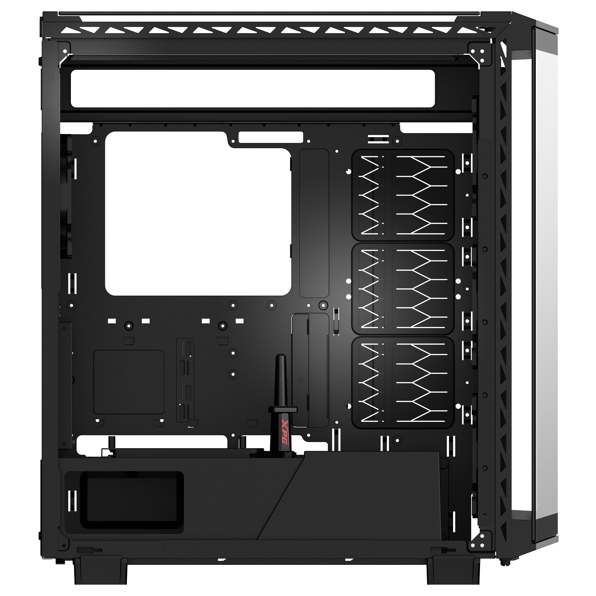 Interno di un case per PC nero con spazio vuoto. Contiene supporti per ventole, gestione cavi e logo rosso.