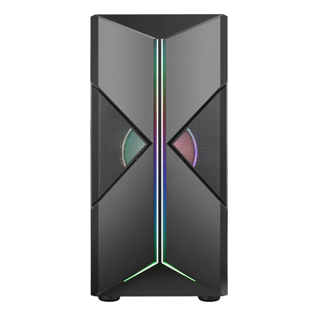 Frontale del case per computer nero. Il frontale ha una rete con illuminazione RGB e un design angolare.