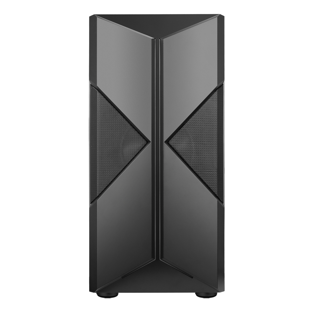 Case per PC nero dal design semplice. La parte anteriore è per lo più piatta con un motivo a rete.