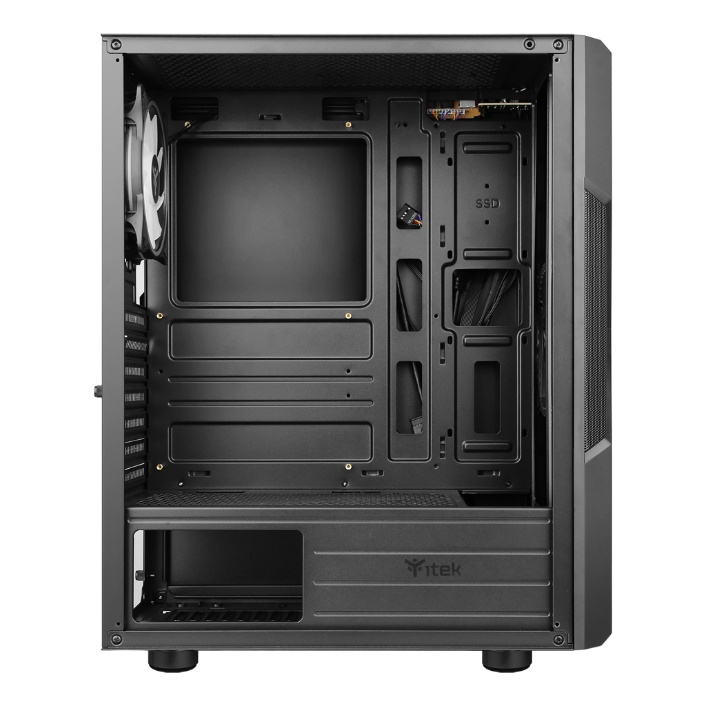 Interno del case per computer nero. Mostra componenti interni, ventola e slot SSD.