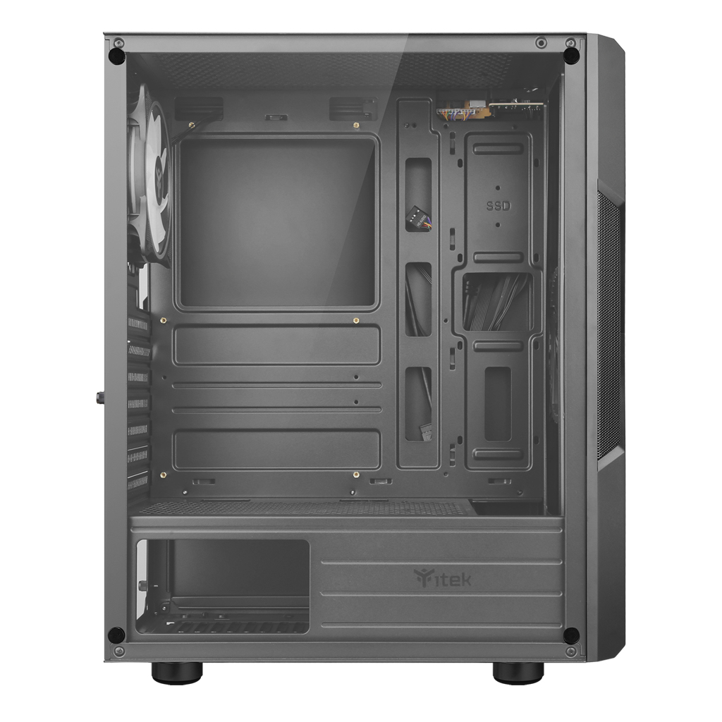 Case PC grigio con pannello laterale in vetro. All'interno, c'è una ventola, un SSD e una vista dell'interno.