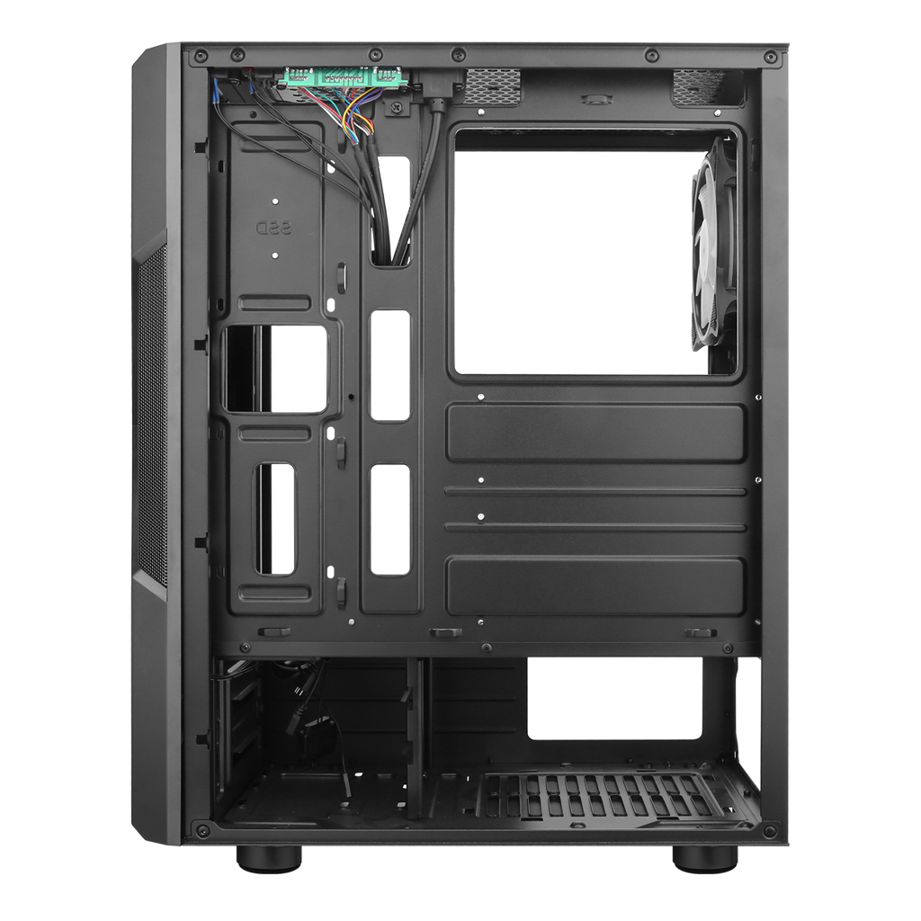 Interno di case PC nero, vuoto, con cavo, ventola e aperture per componenti.