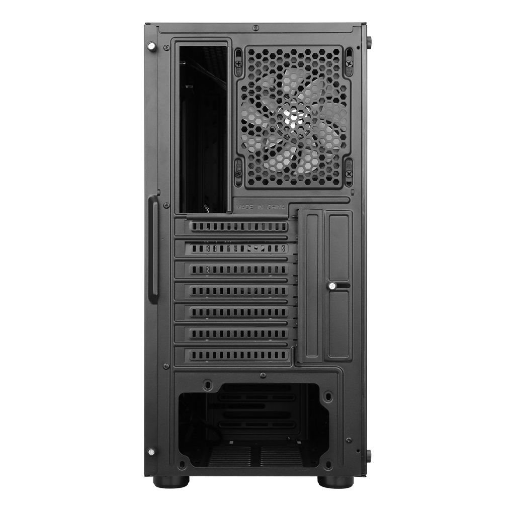 Vista posteriore di un case nero con ventola e vari slot per componenti.