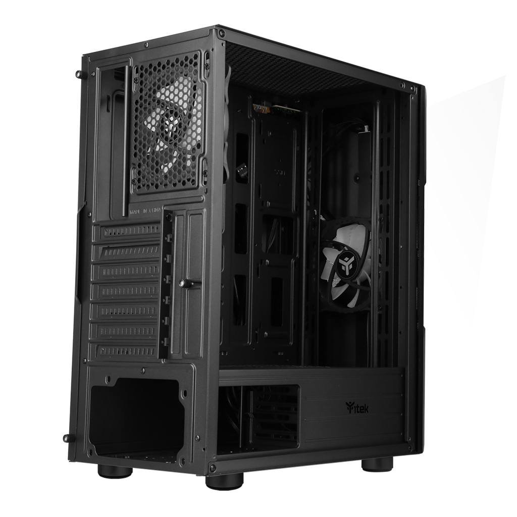 Case per computer nero. Case aperto con ventole visibili. Il marchio Yitek è in basso a destra.