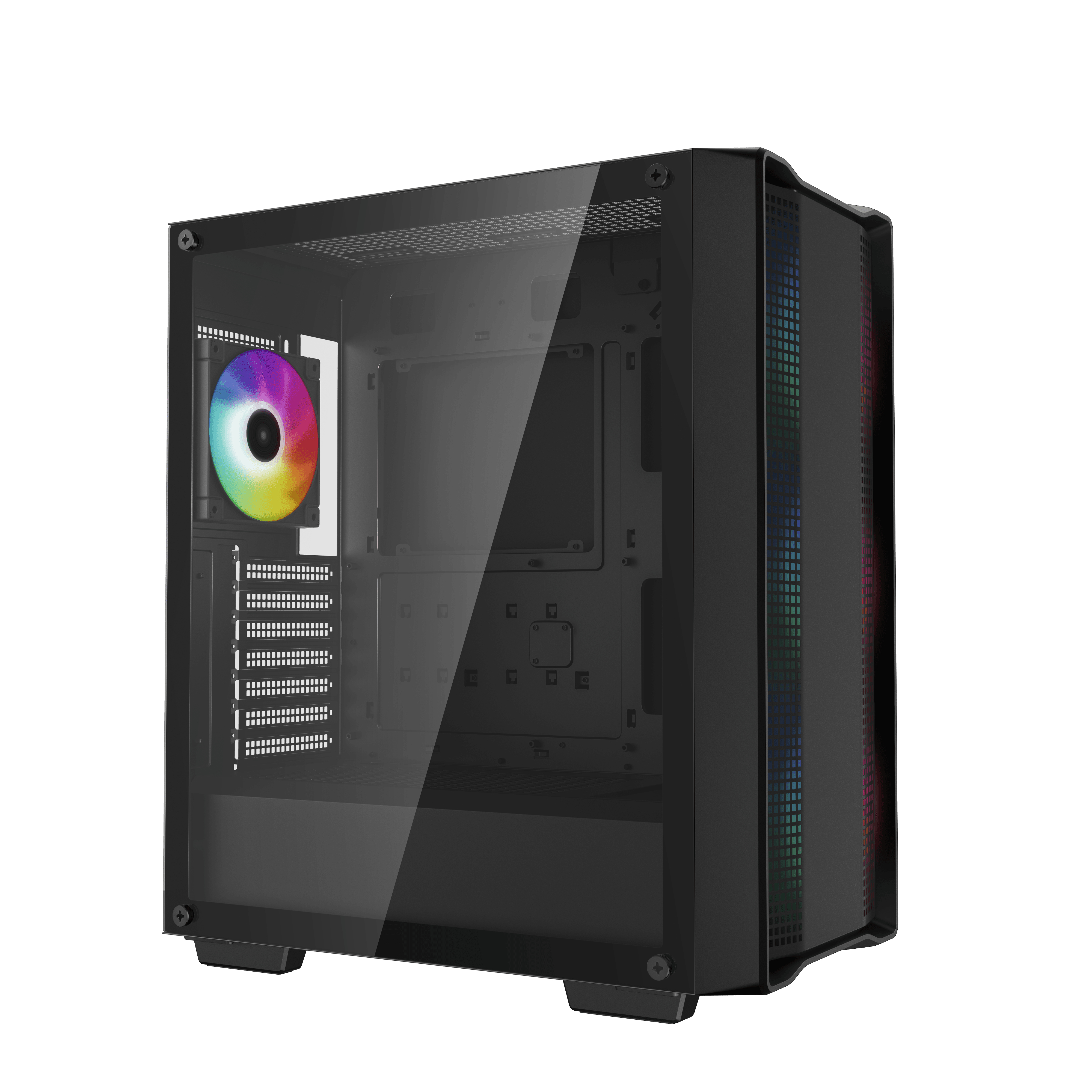 Czarna obudowa komputera z szklanym panelem bocznym. Posiada wentylator RGB i czarny design.