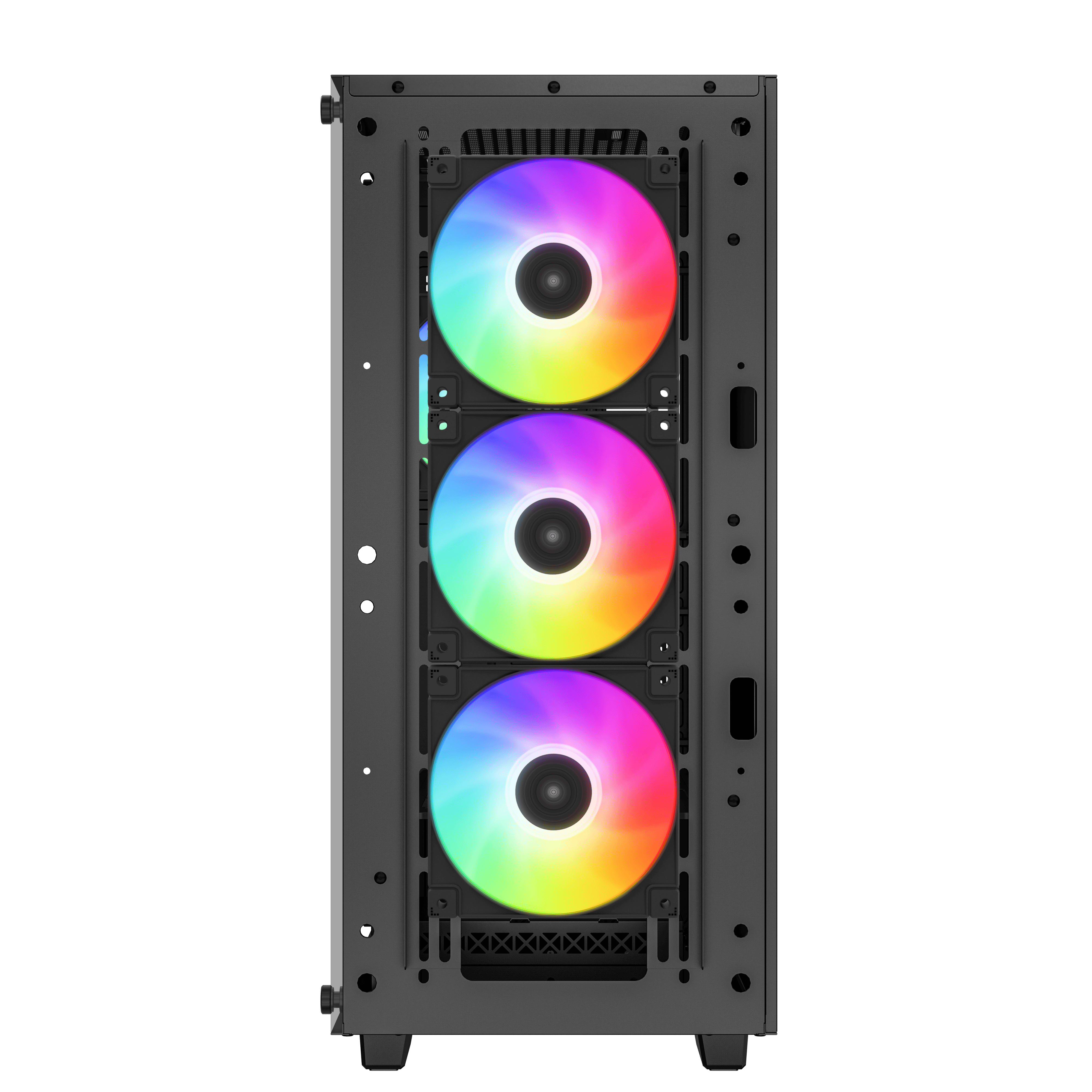 Wnętrze obudowy PC z trzema wentylatorami RGB. Widok z tyłu. Wentylatory wyświetlają różne kolory. Czarna obudowa.