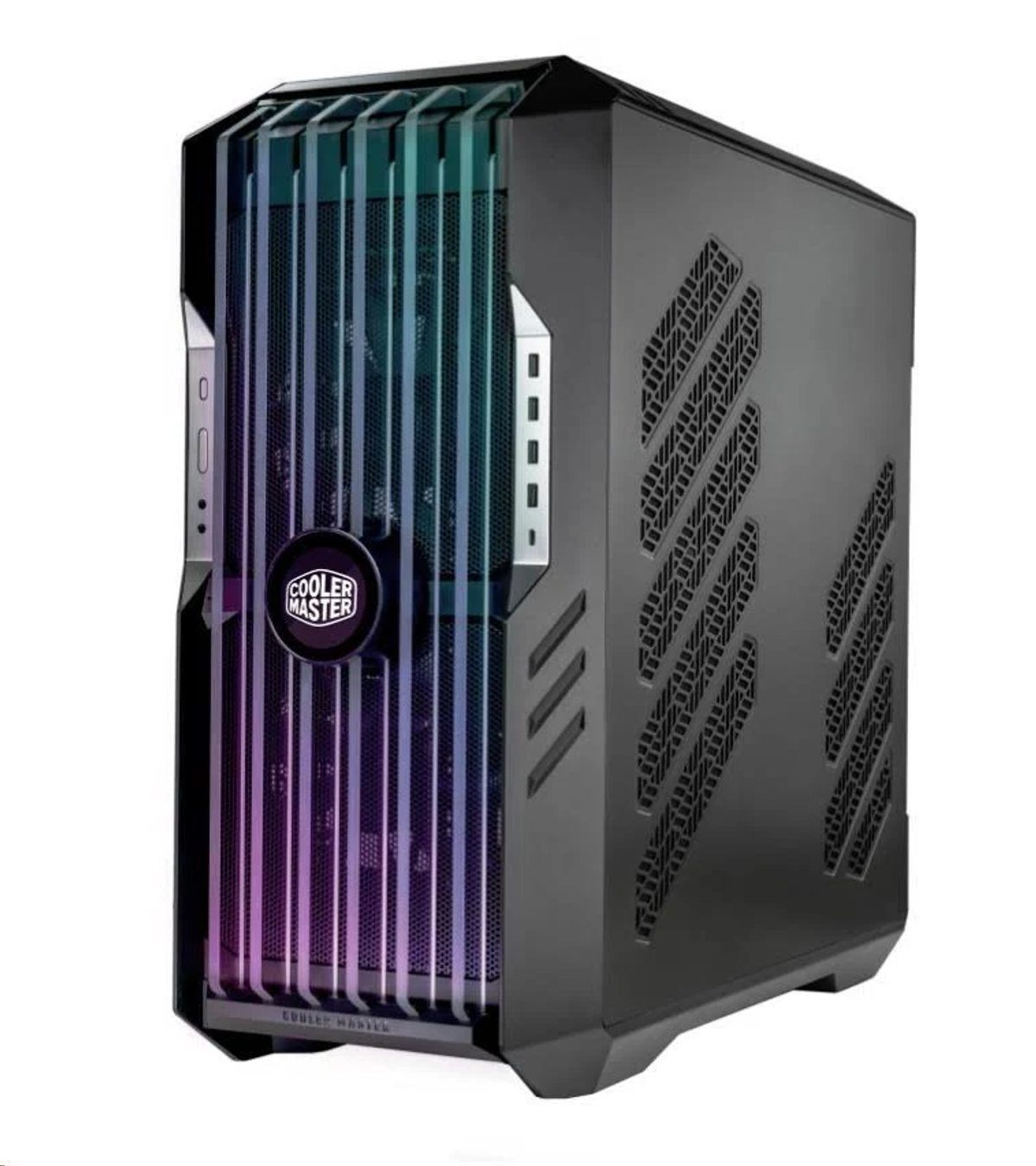 Czarna obudowa Cooler Master z pionowymi paskami RGB i przednim panelem z siatki.