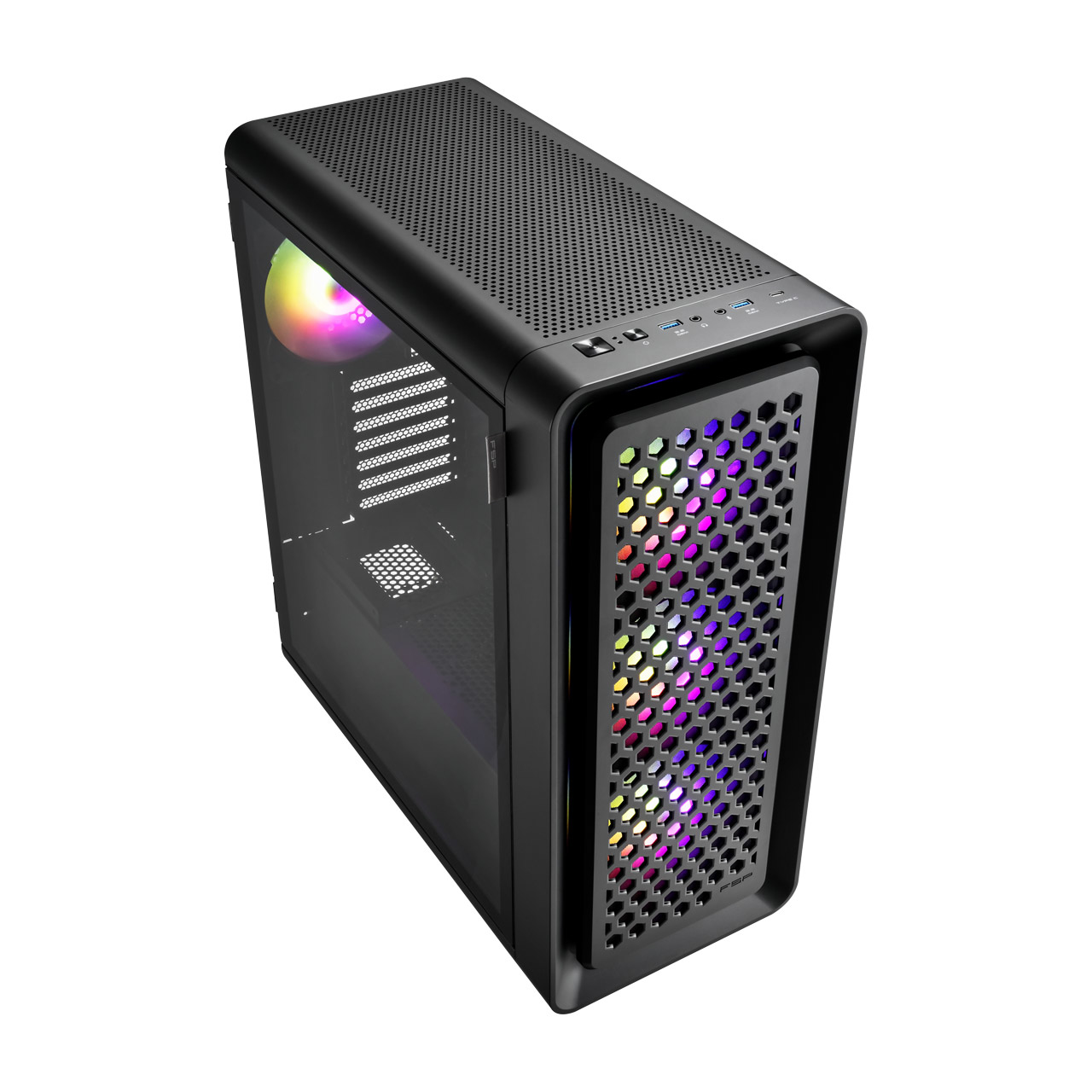 Case PC nero, vista angolata, con ventole arcobaleno e lato in vetro temperato.
