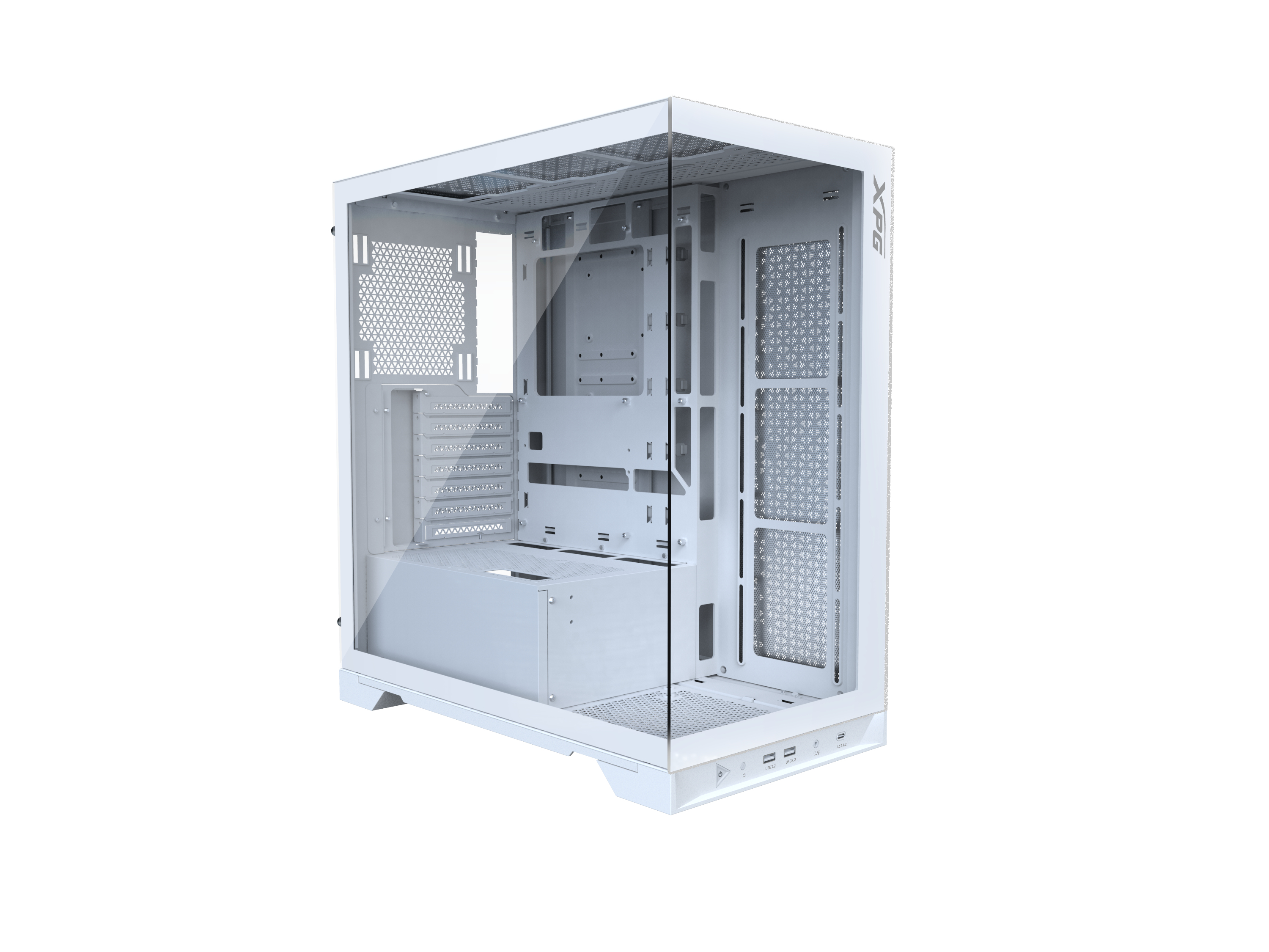 Białe wnętrze obudowy komputera z panelem szklanym. Ma duży otwór.
