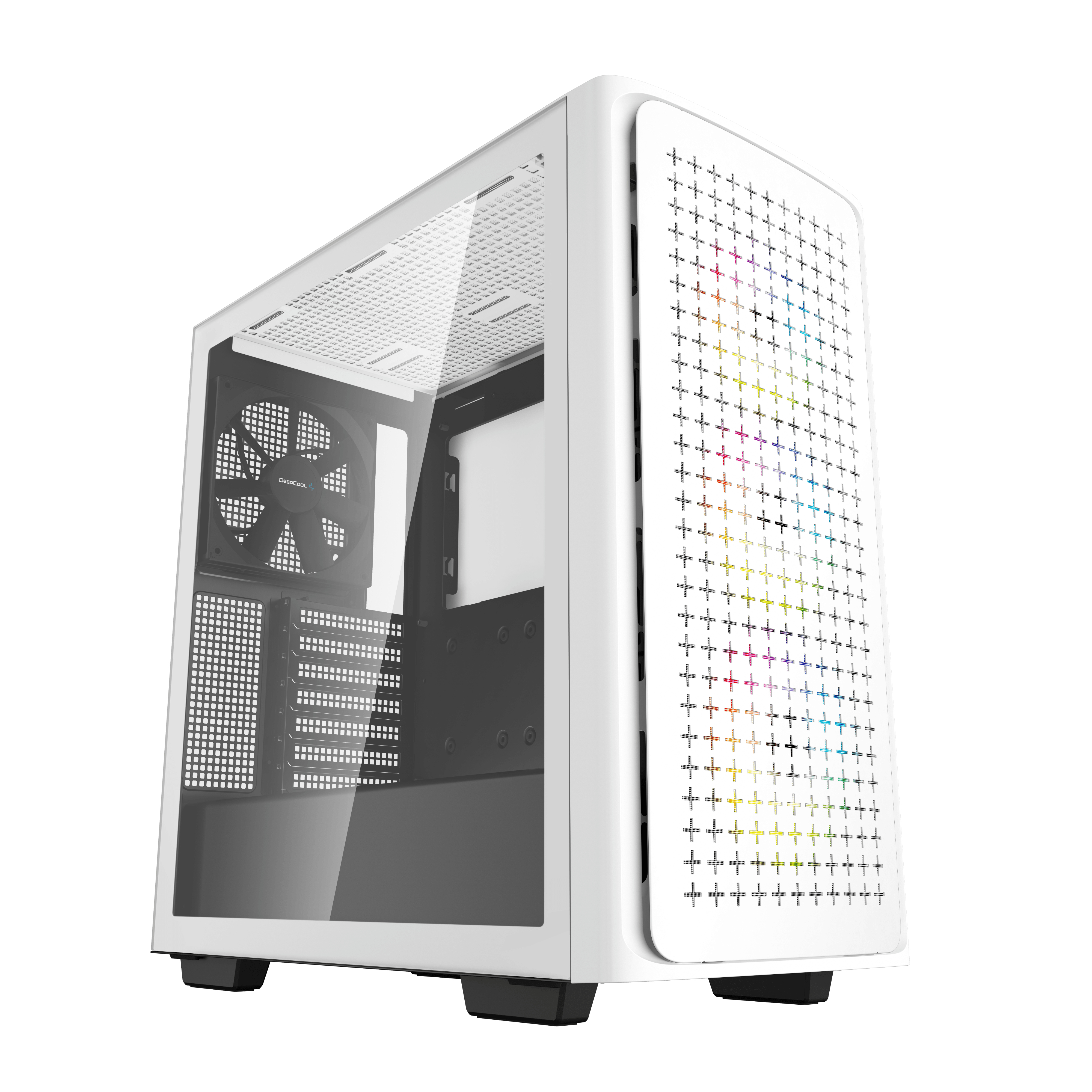 Un case per computer bianco con pannello laterale in vetro, che mostra l'interno.
