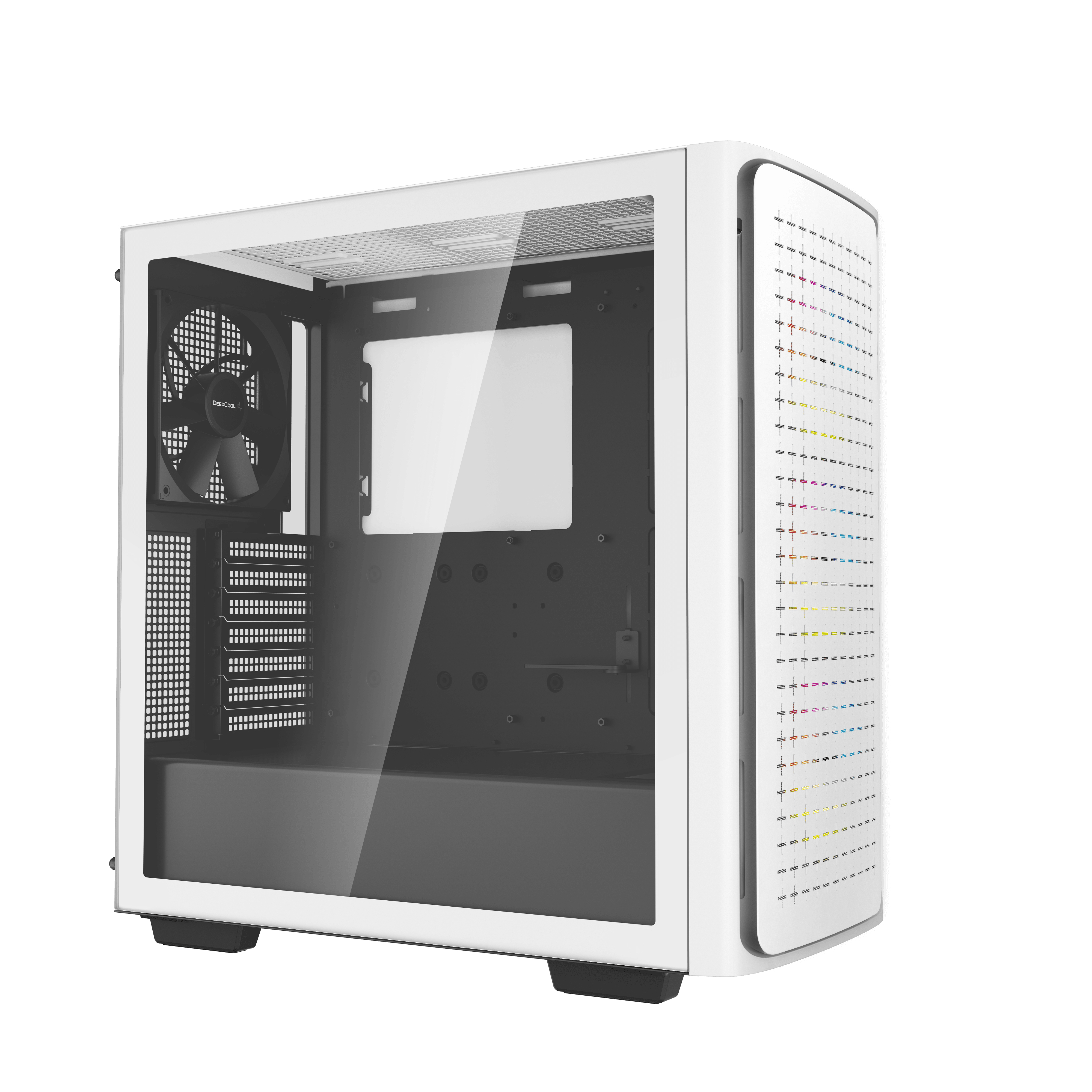Case per computer bianco con pannello laterale trasparente che mostra componenti neri e una ventola.