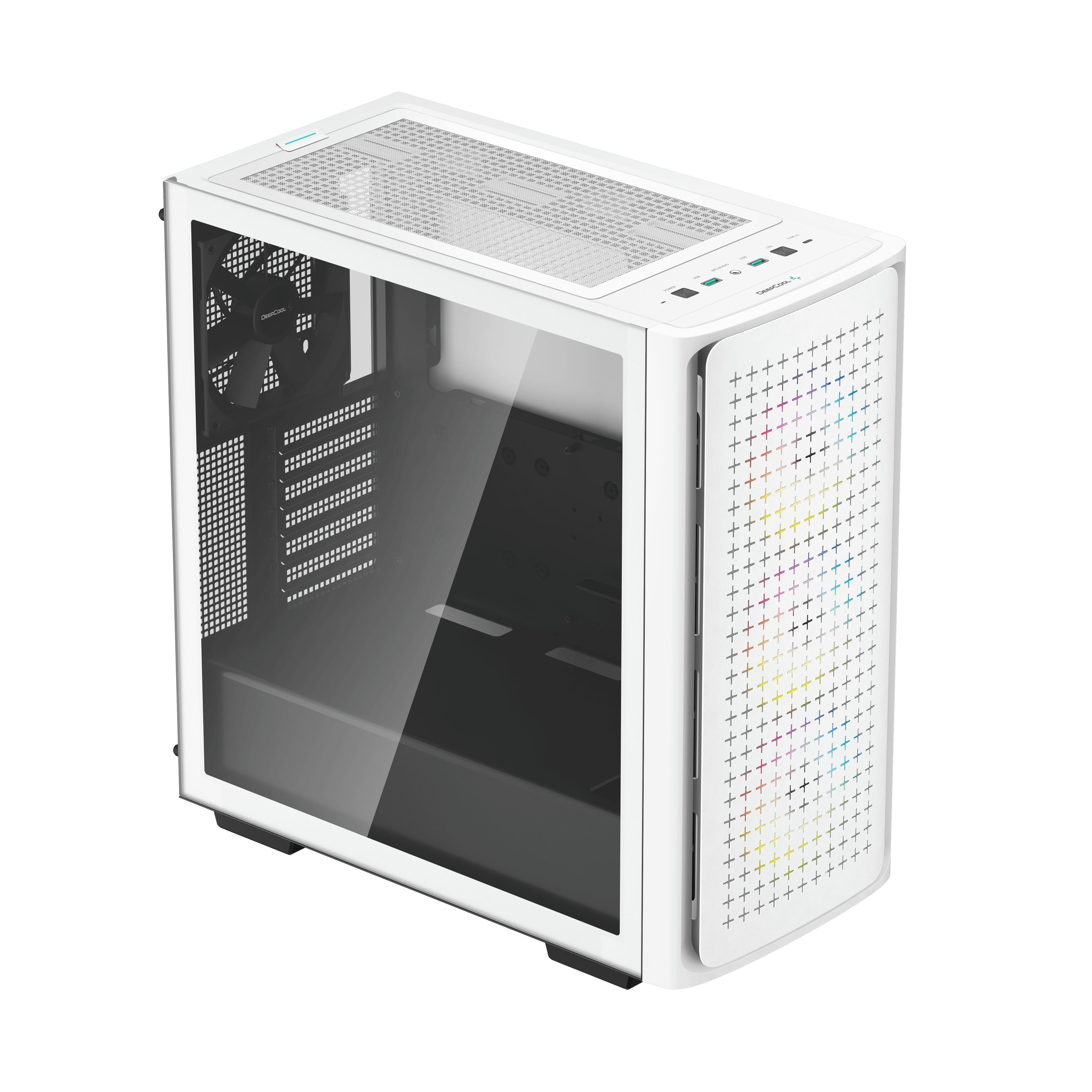 Case PC bianco con pannello laterale in vetro e frontale perforato colorato.