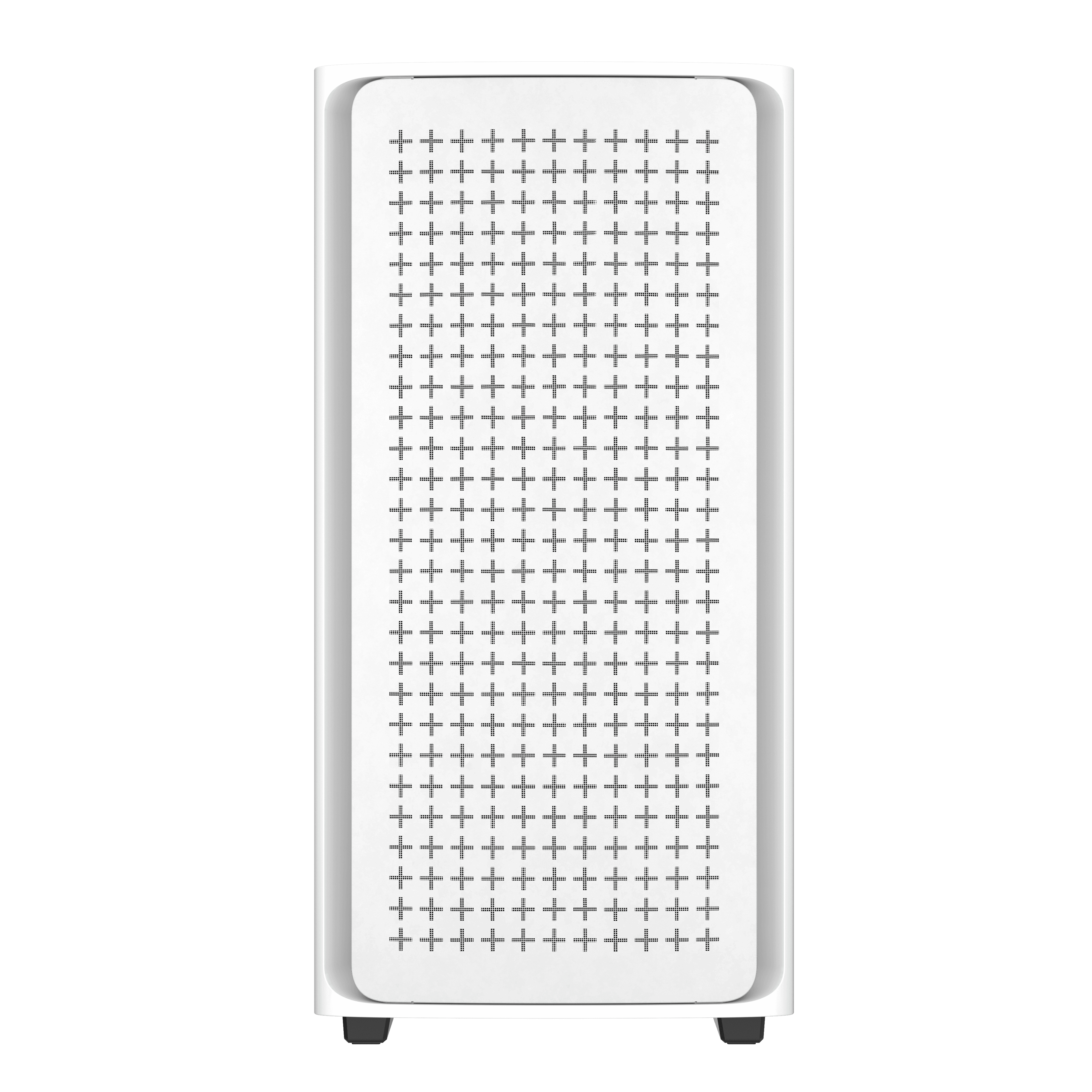 Case per computer bianco con motivo a griglia. Due piccoli piedini neri in basso.