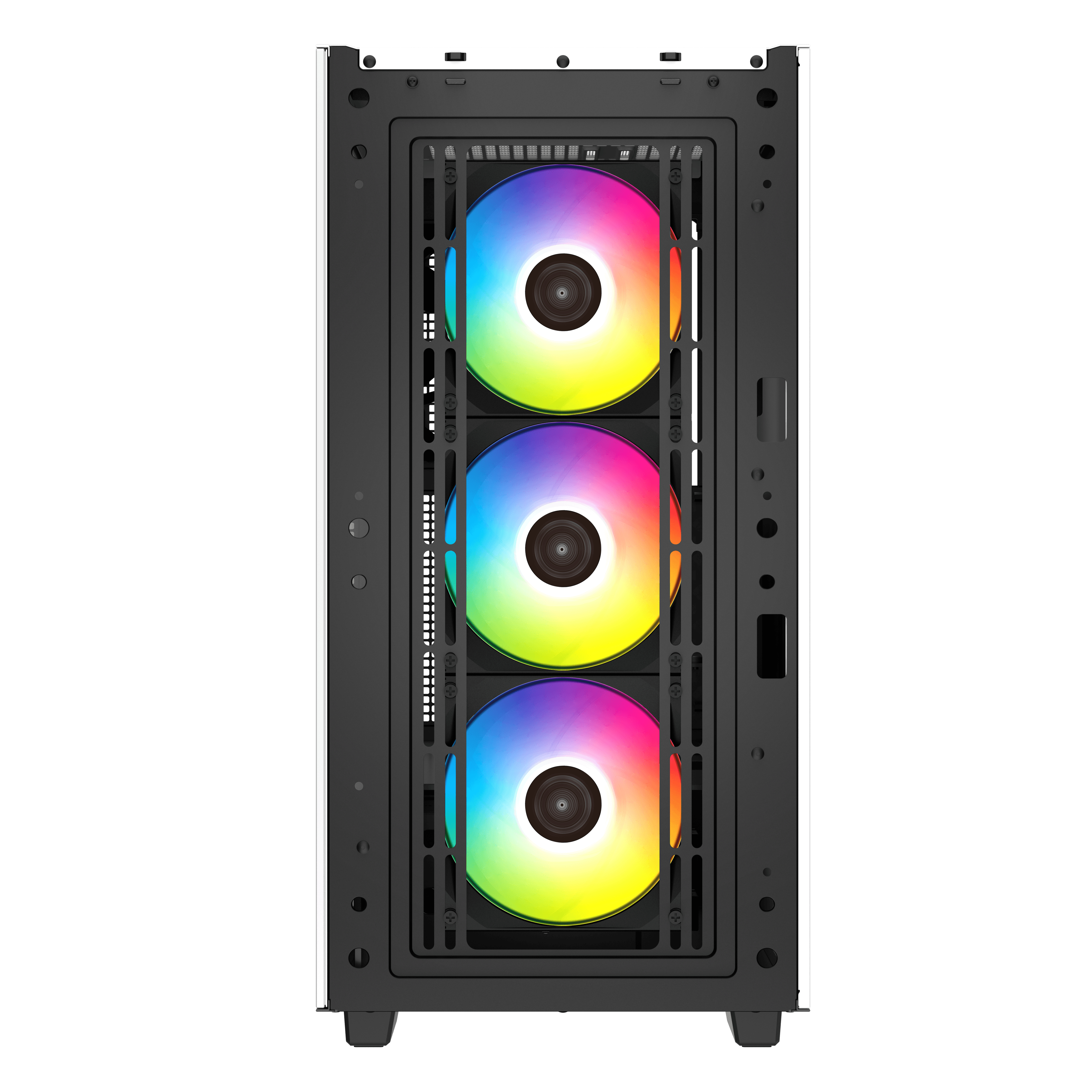Case per computer con tre ventole colorate e un pannello frontale a rete visibile.